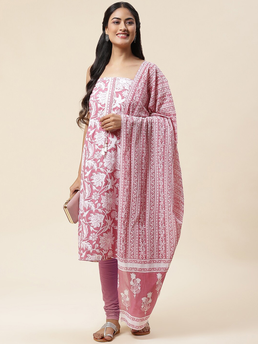 

Meena Bazaar Floral Printed Unstitched Dress Material, Pink