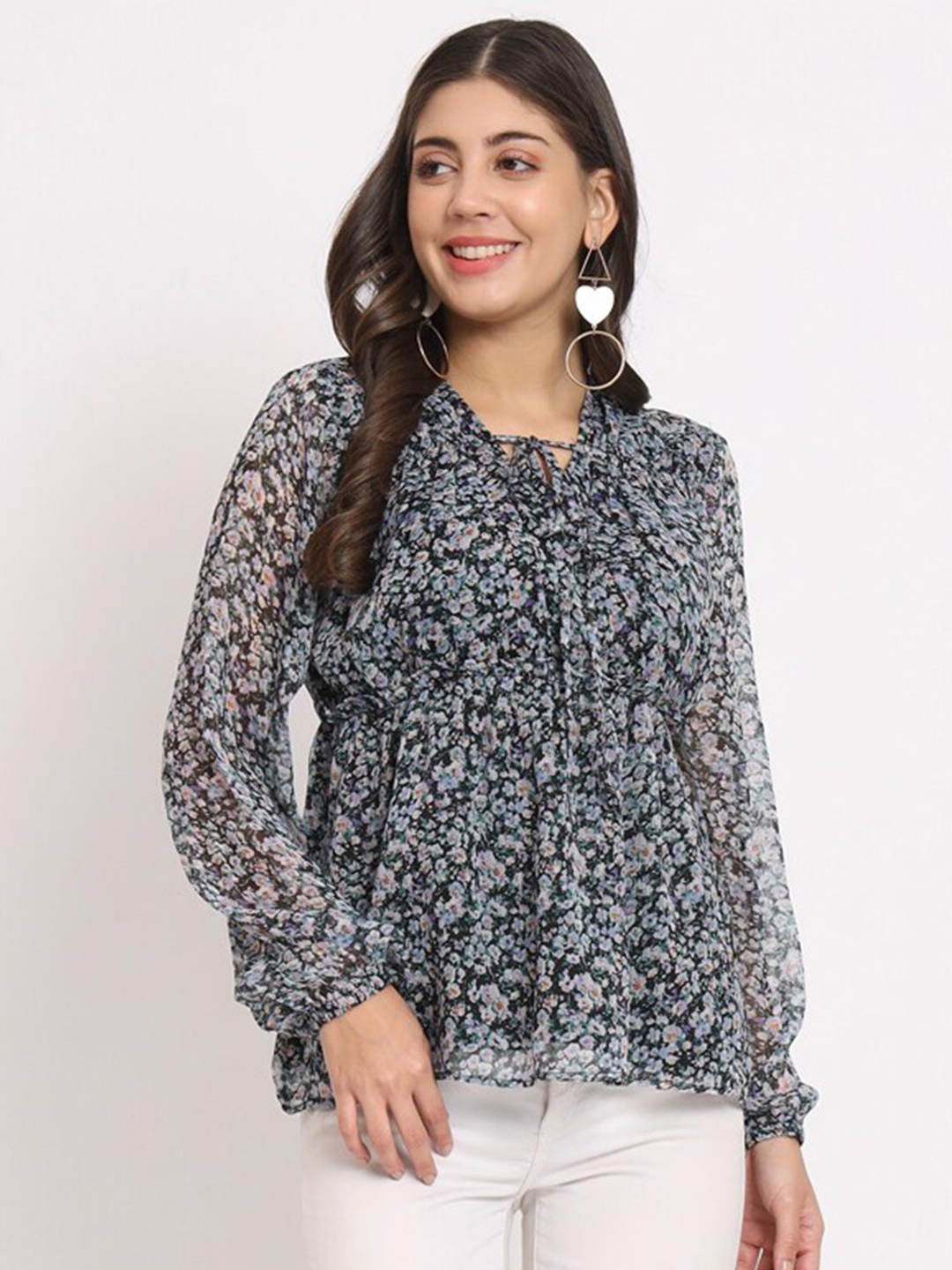 

CHARMGAL Floral Printed Tie-Up Neck Puff Sleeves Ruffles Top, Black