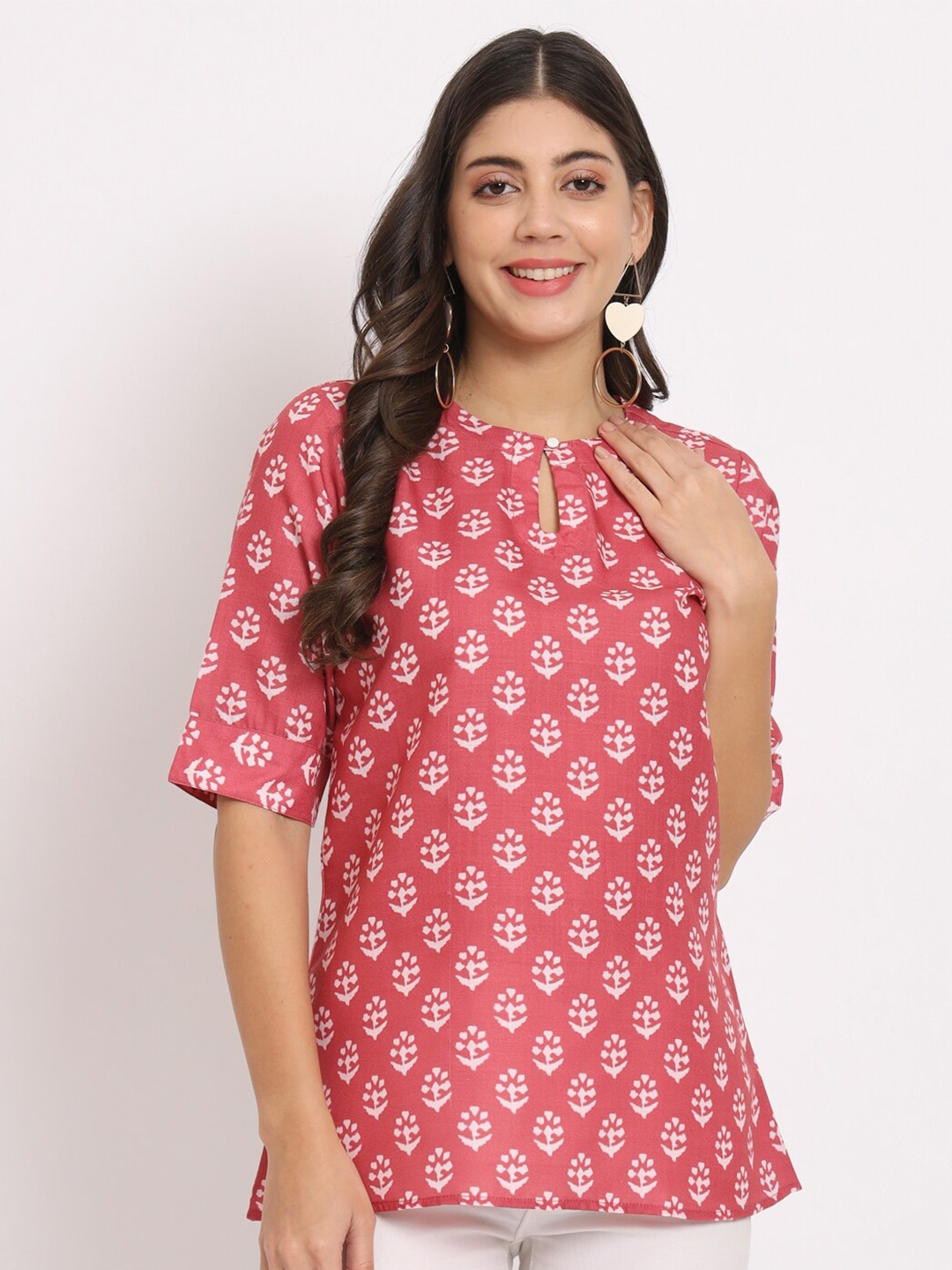 

CHARMGAL Ethnic Motifs Printed Keyhole Neck Cotton Tunic, Red