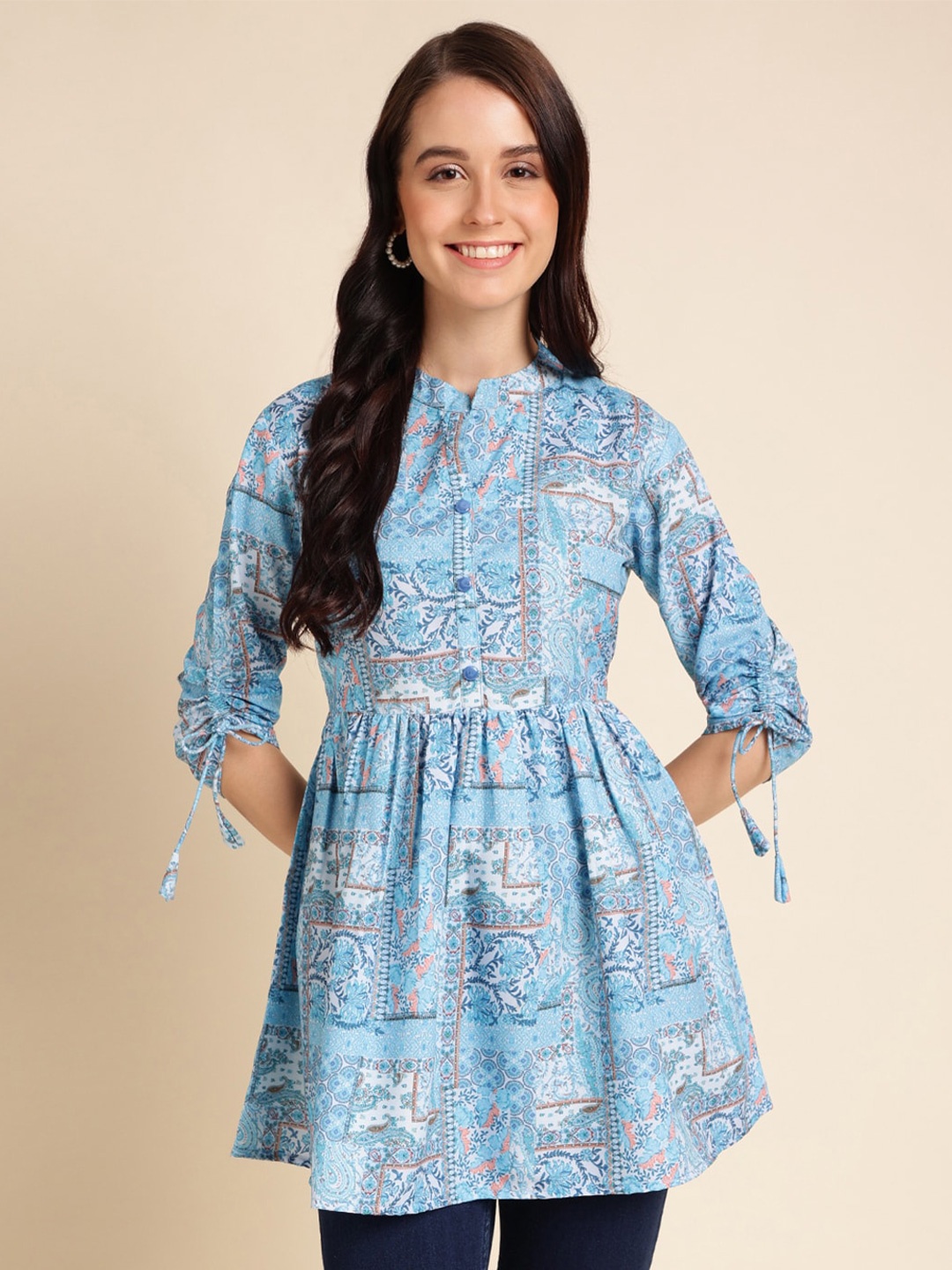 

Sangria Blue Floral Printed Pleated A-Line Kurti