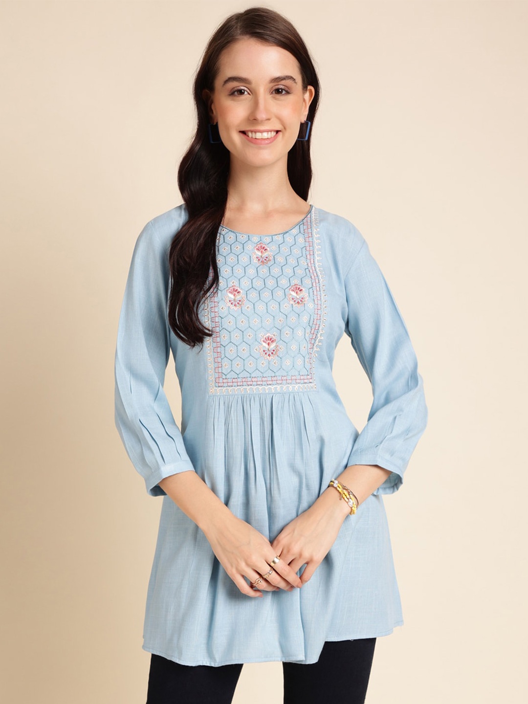

Sangria Blue Floral Embroidered Pleated A-Line Kurti