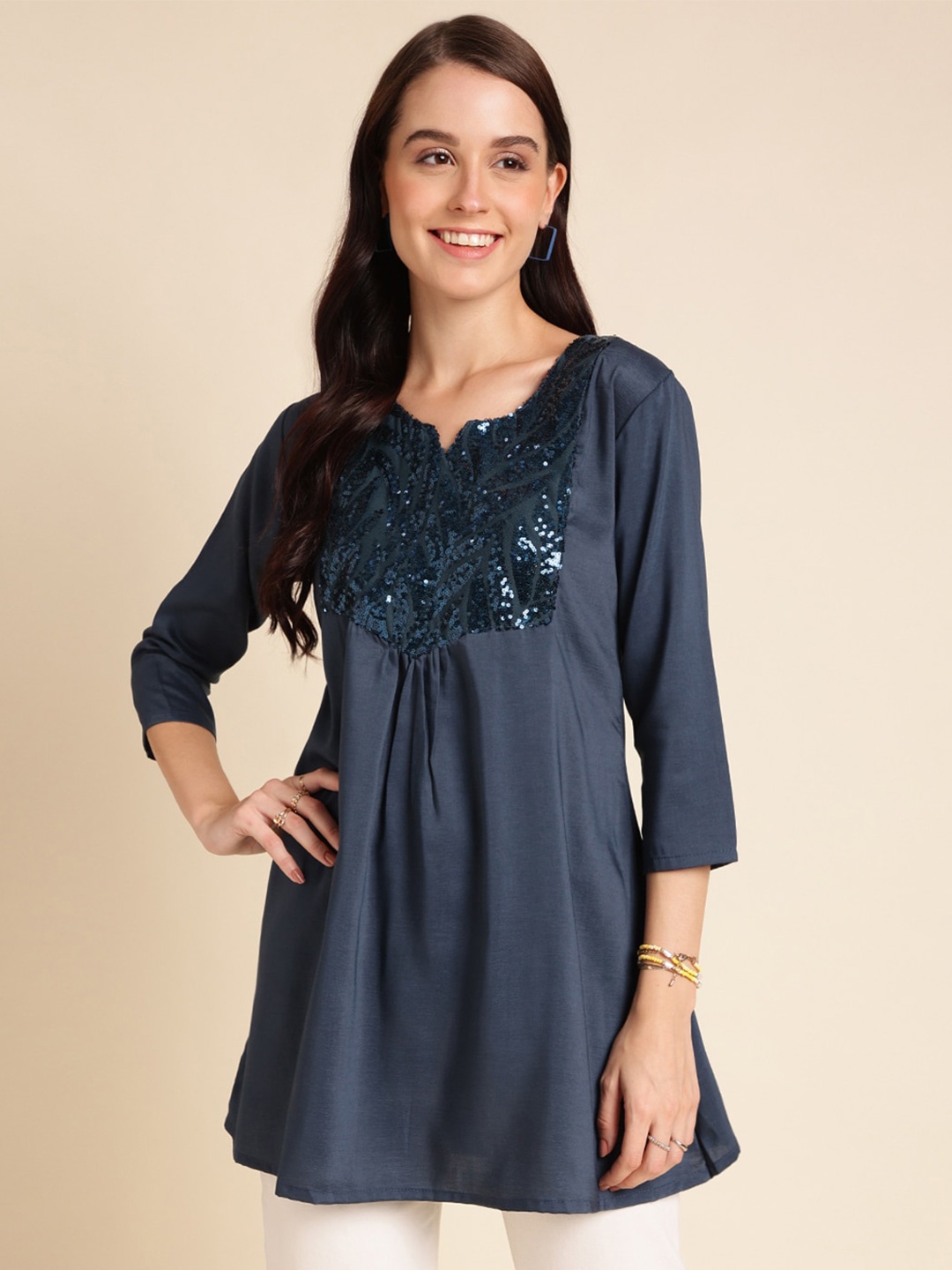 

Sangria Teal Embellished Sequinned Pleated A-Line Kurti