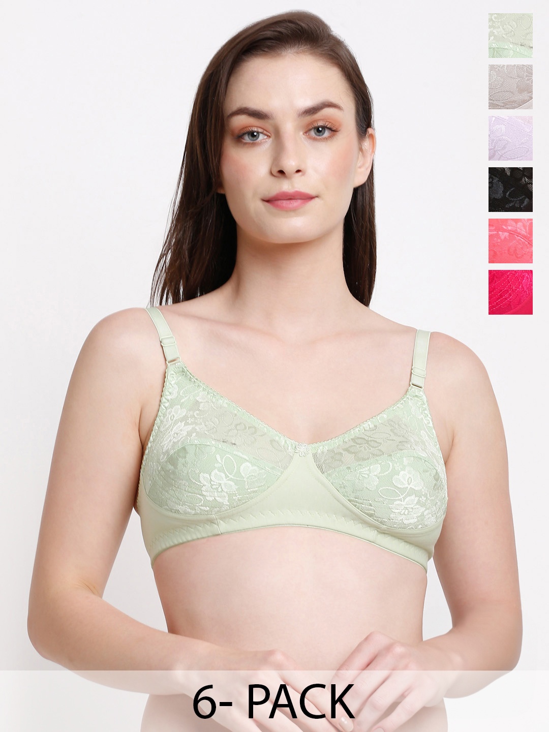 

Ennoble Pack Of 6 Floral Self Design Full Coverage Bra With All Day Comfort, Green
