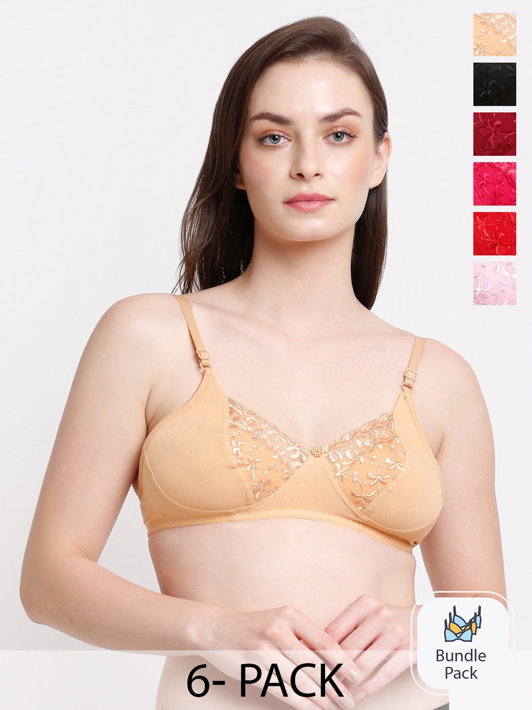 

Ennoble Pack Of 6 Floral Self Design Full Coverage Bra With All Day Comfort, Beige