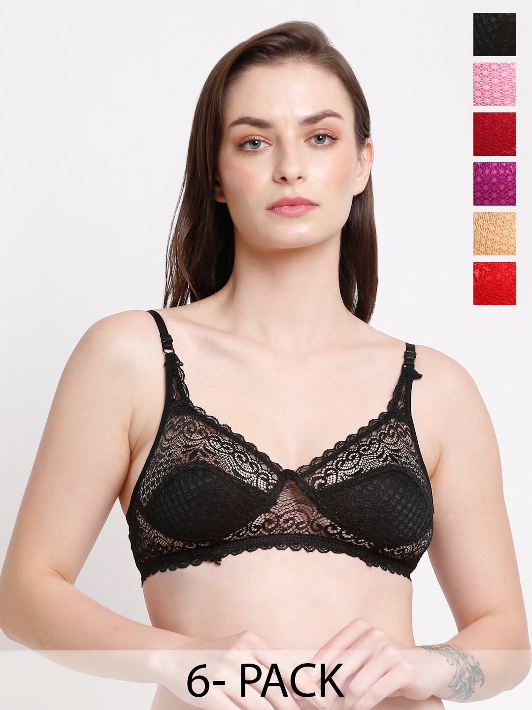 

Ennoble Pack Of 6 Floral Self Design Full Coverage Bra With All Day Comfort, Black