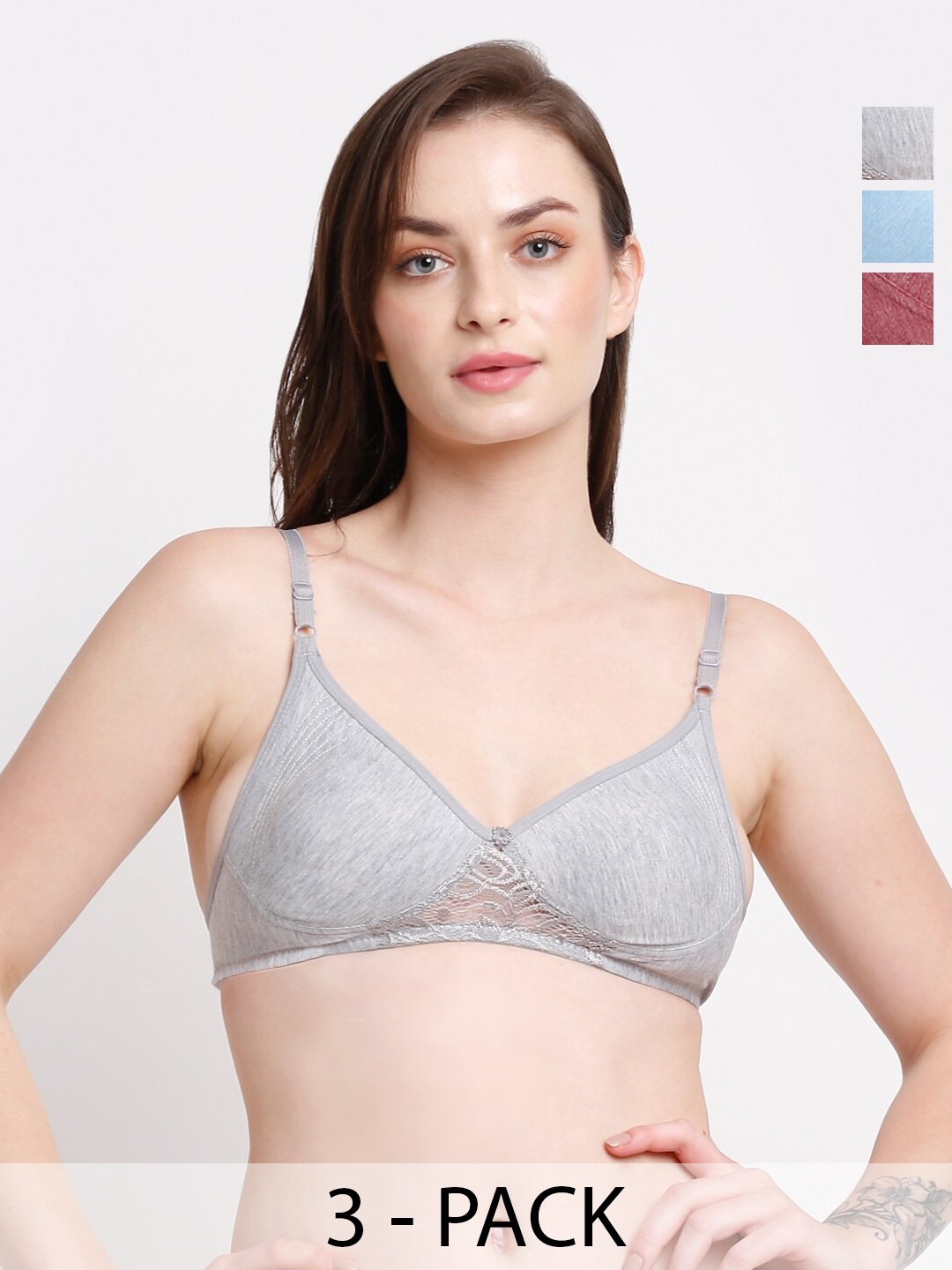

Ennoble Pack Of 3 Full Coverage Non Padded T-shirt Bra With All Day Comfort, Grey
