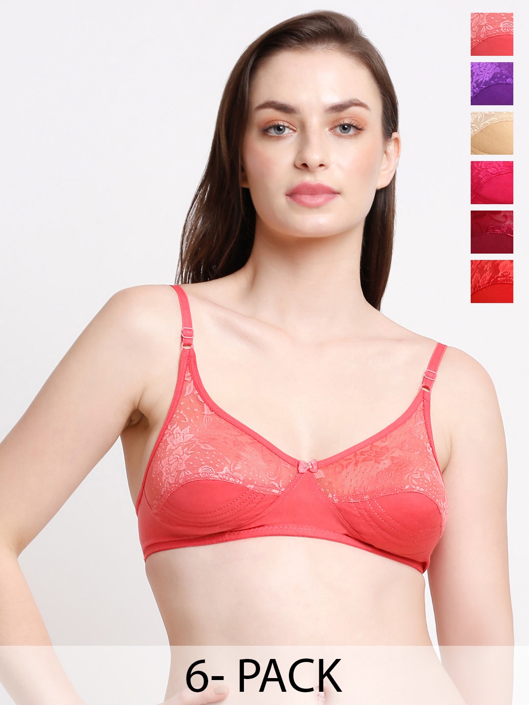 

Ennoble Pack Of 6 Floral Self Design Full Coverage Bra With All Day Comfort, Red