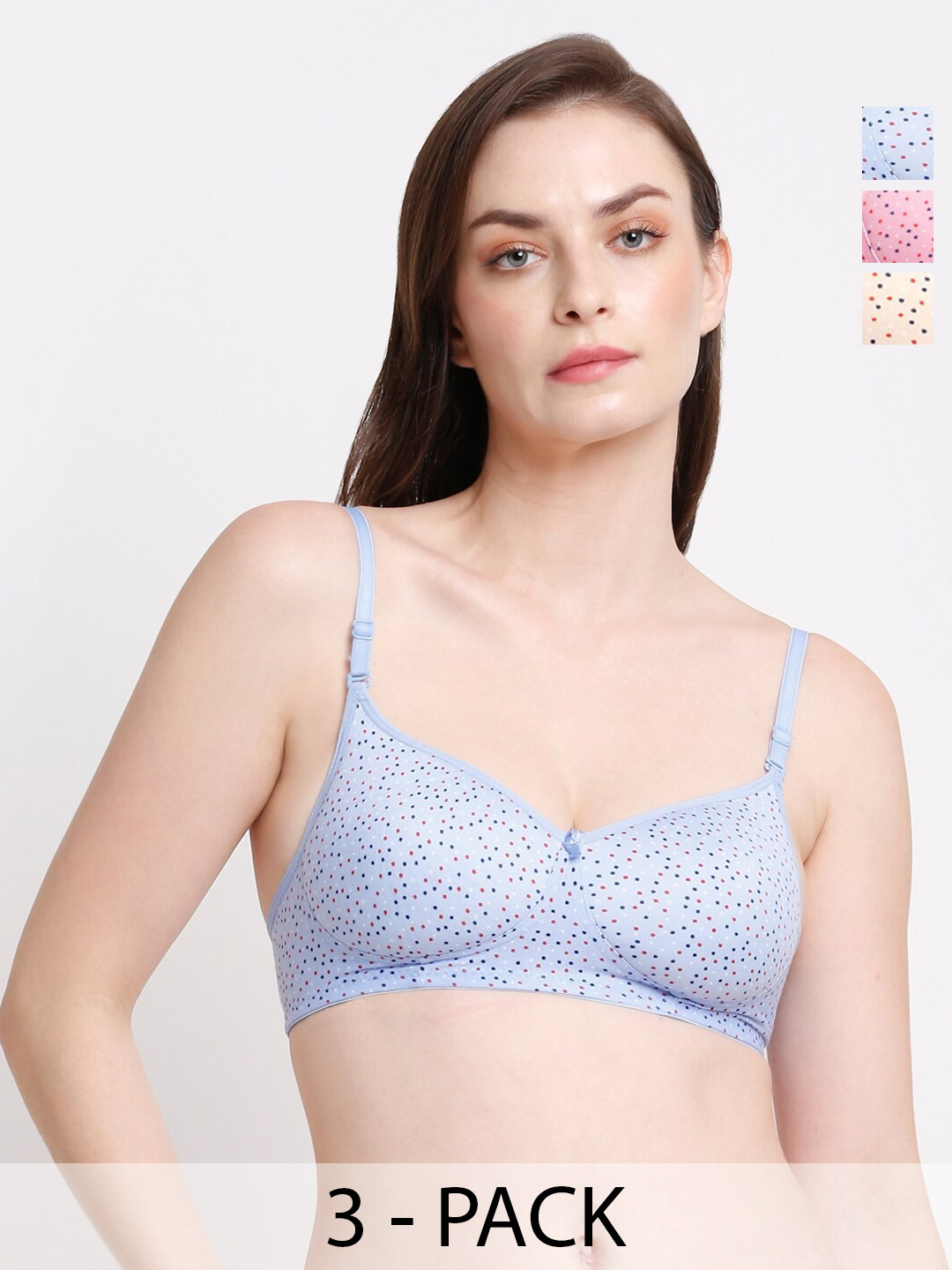 

Ennoble Pack Of 3 Polka Dot Printed Full Coverage T-shirt Bra With All Day Comfort, Blue