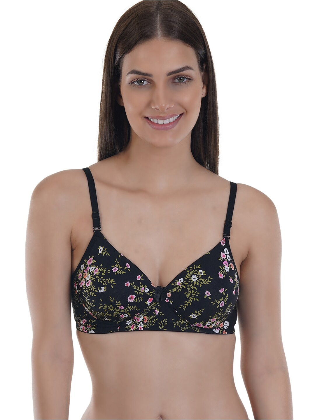 

SONA Floral Printed Medium Coverage All Day Comfort Cotton T-Shirt Bra, Black