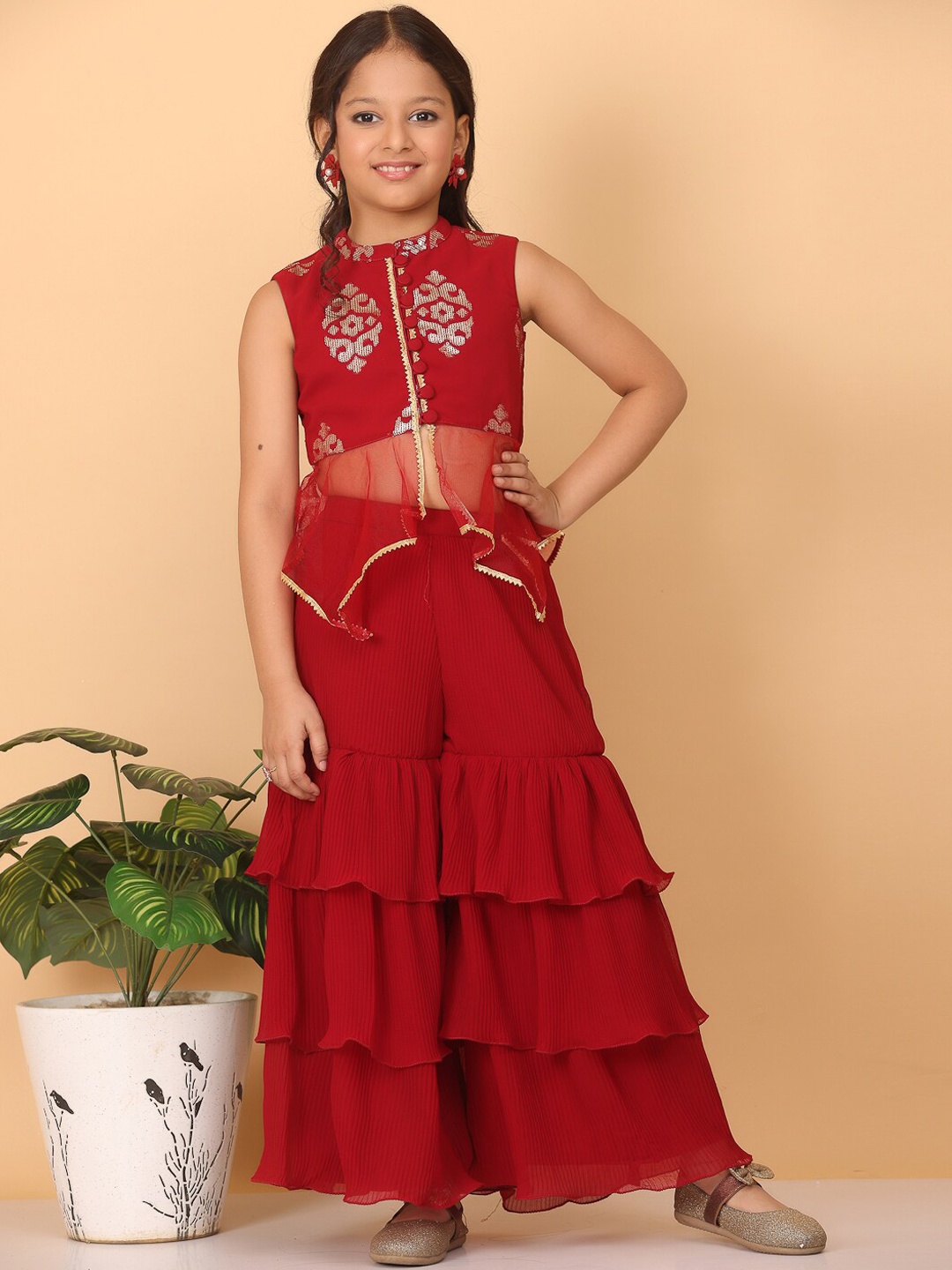 

Ethnovog Girls Embellished Mandarin Collar Georgette Top With Sharara, Red