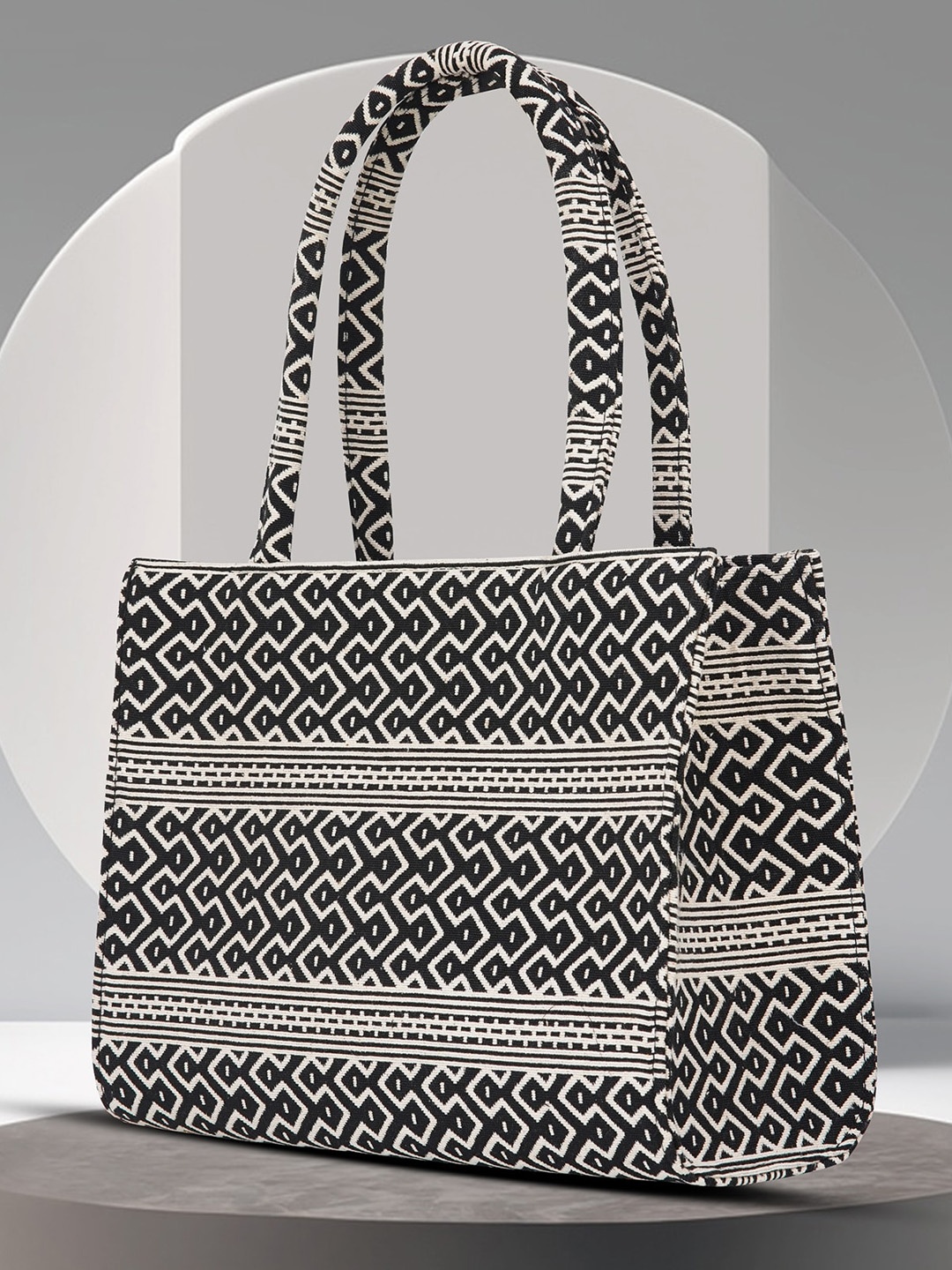 

LEKHX Ethnic Motifs Printed Oversized Structured Tote Bag, Black