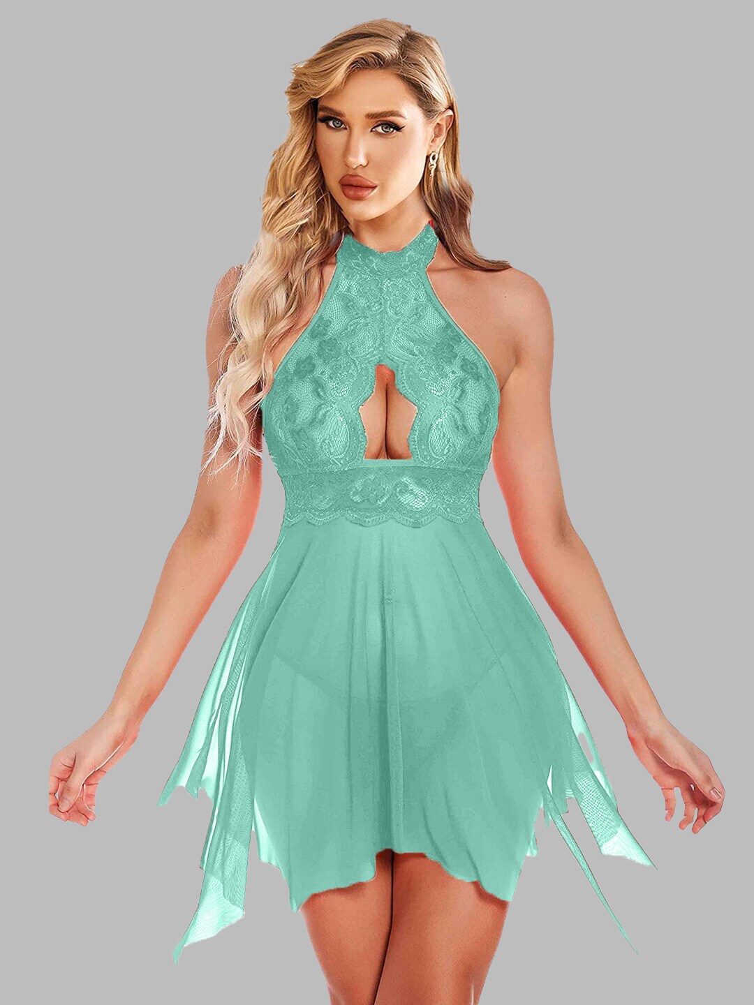 FIMBUL Self Design Halter Neck Net Baby Doll, Sea green