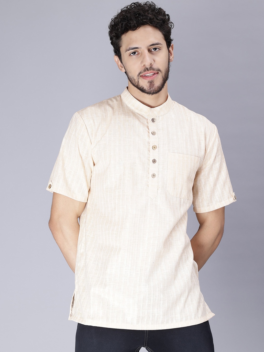

Cot'N Soft Self Designed Mandarin Collar Cotton Kurta, Beige