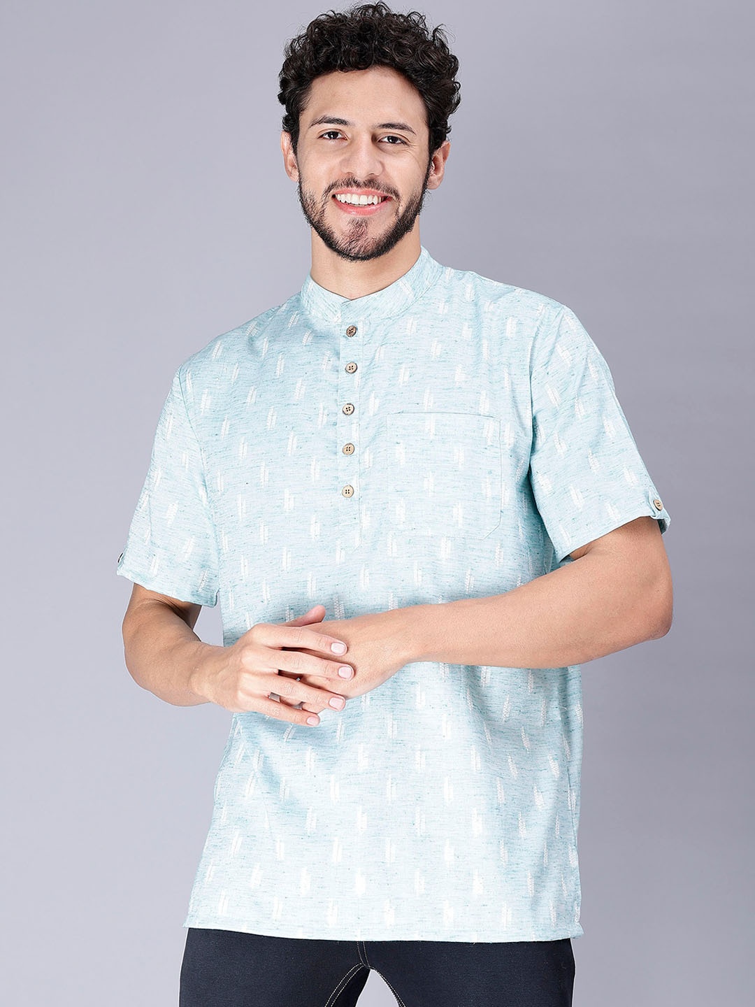 

Cot'N Soft Geometric Woven Design Mandarin Collar Straight Kurta, Blue