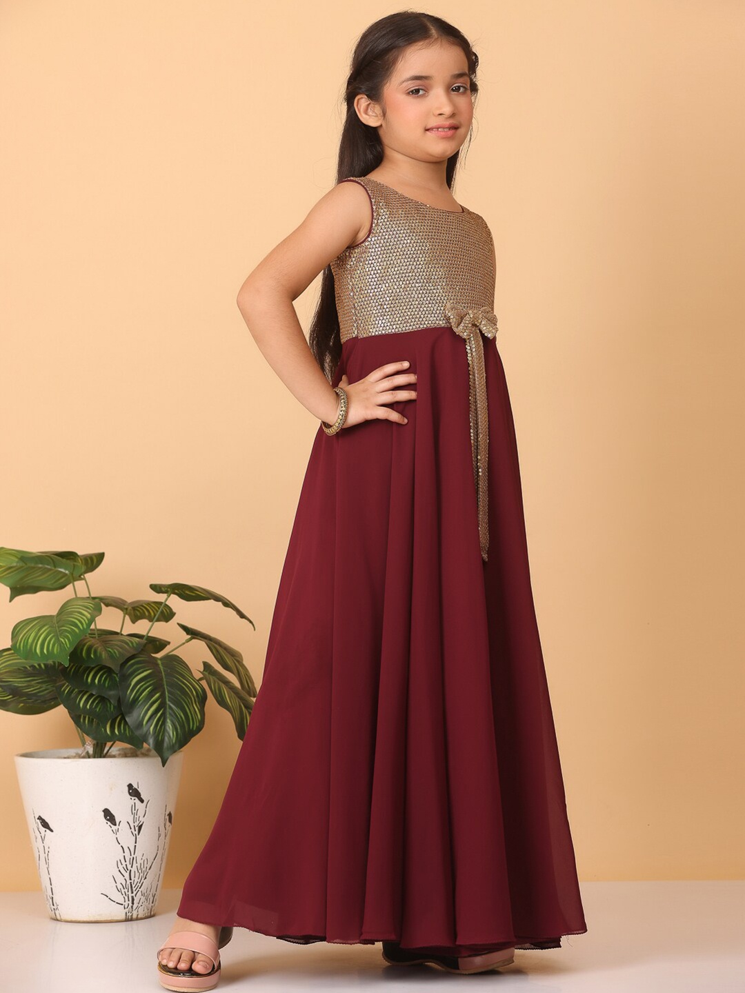 

Ethnovog Girls Sequined Sleeveless Maxi Dress, Burgundy