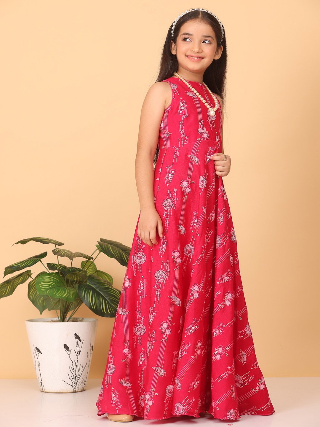

Ethnovog Girls Floral Printed Silk Gown Maxi Dress, Pink