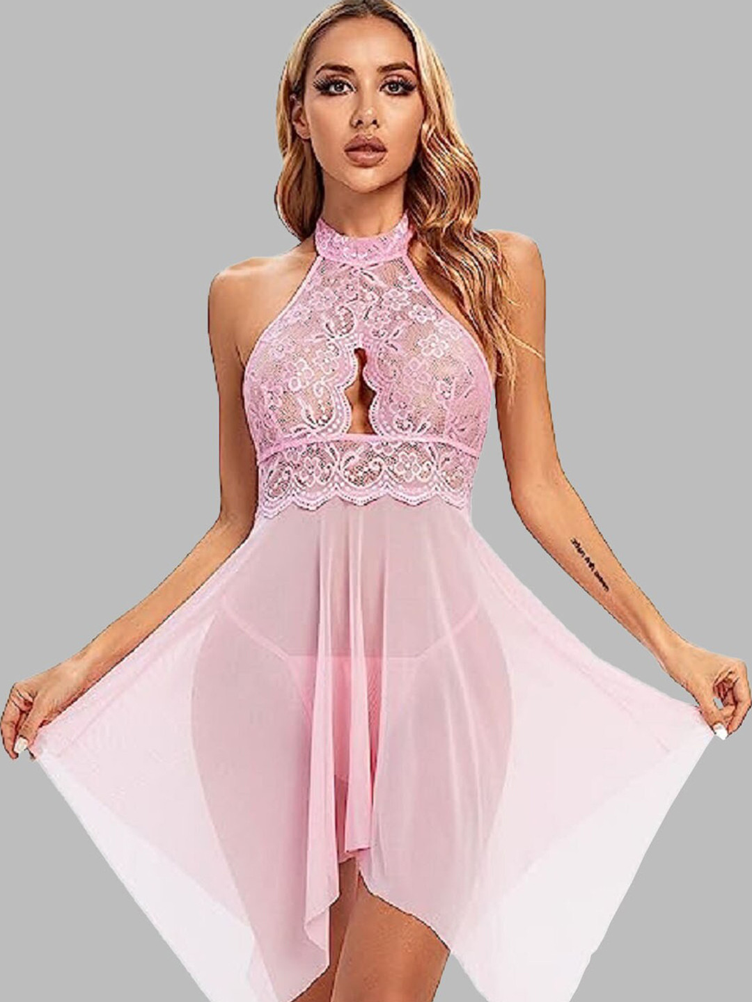 

VAGHBHATT Self Design Halter Neck Net Baby Doll, Pink