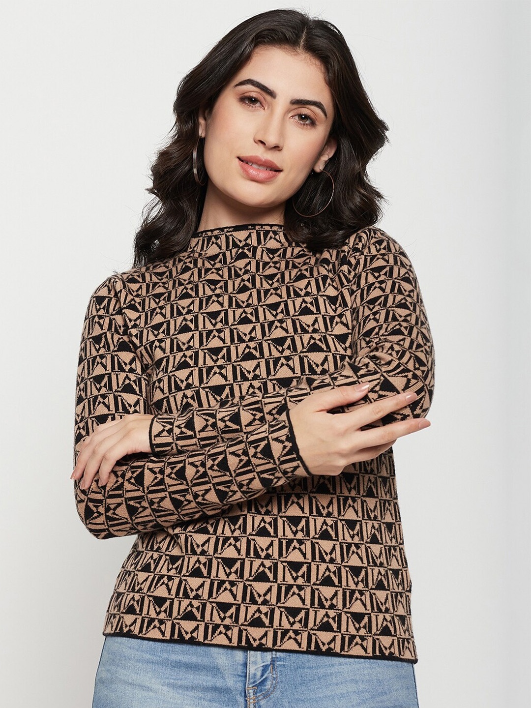 

Madame Geometric Printed Acrylic Pullover, Camel brown