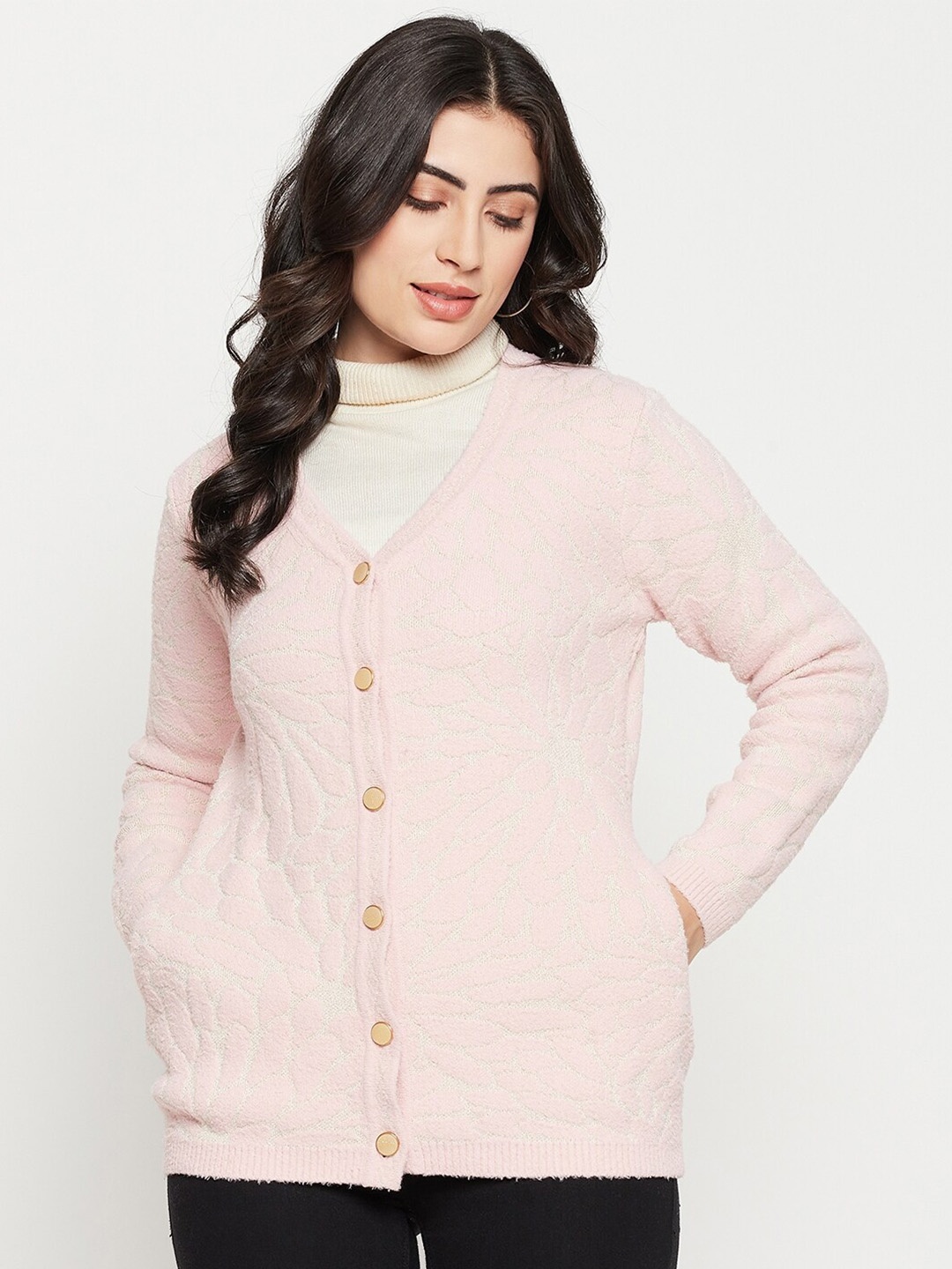 

Madame Floral Self Design Acrylic Cardigan Sweater, Pink