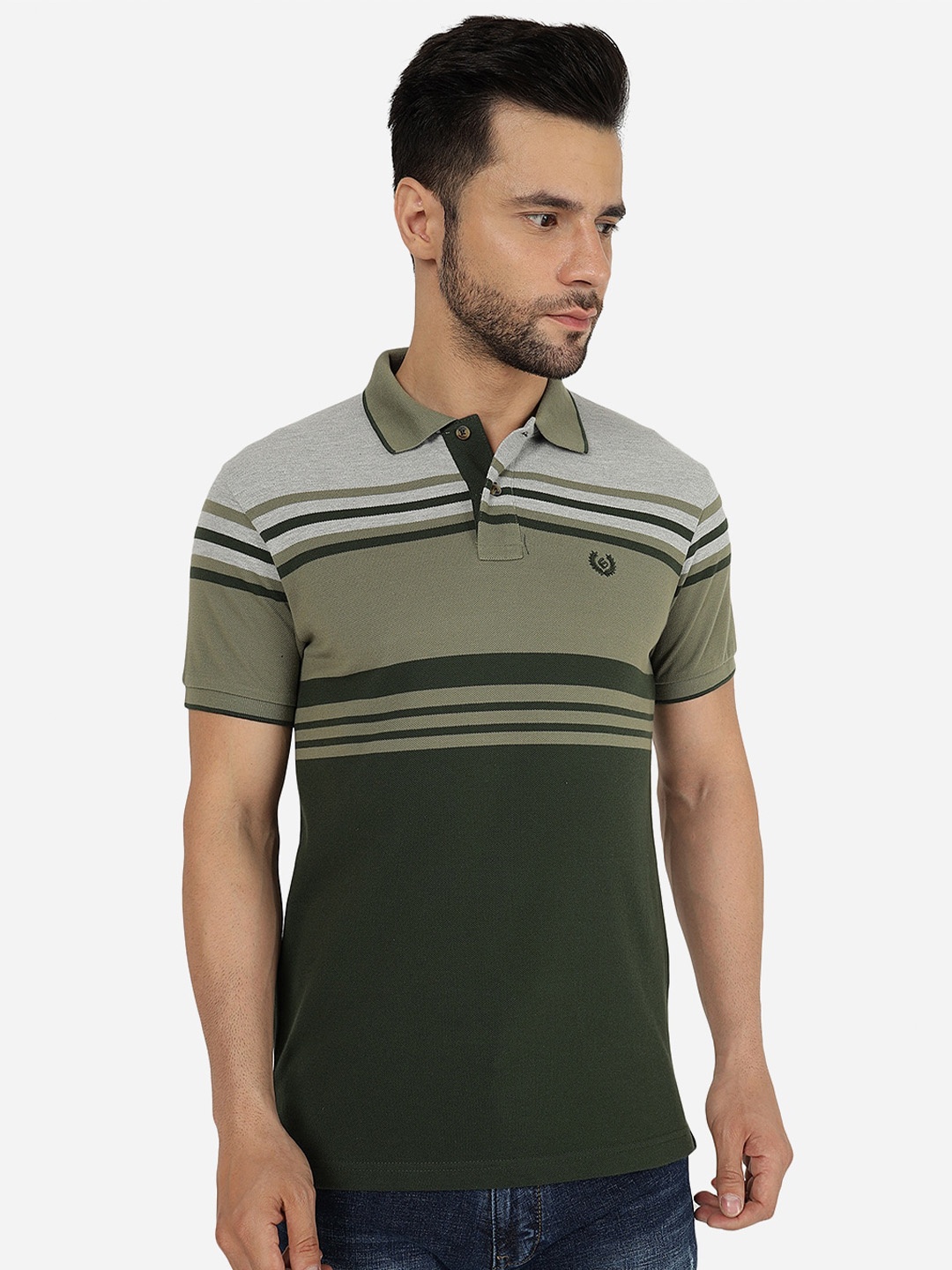 

Greenfibre Striped Polo Collar Slim Fit Casual T-shirt, Olive