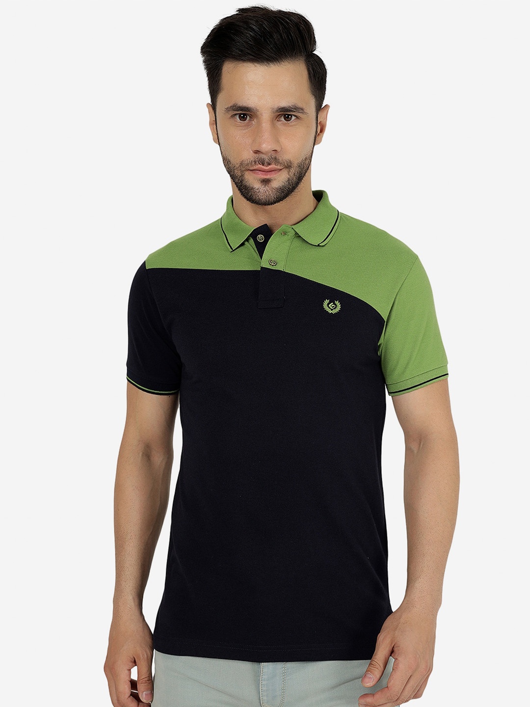

Greenfibre Colourblocked Polo Collar Slim Fit Casual T-shirt, Black