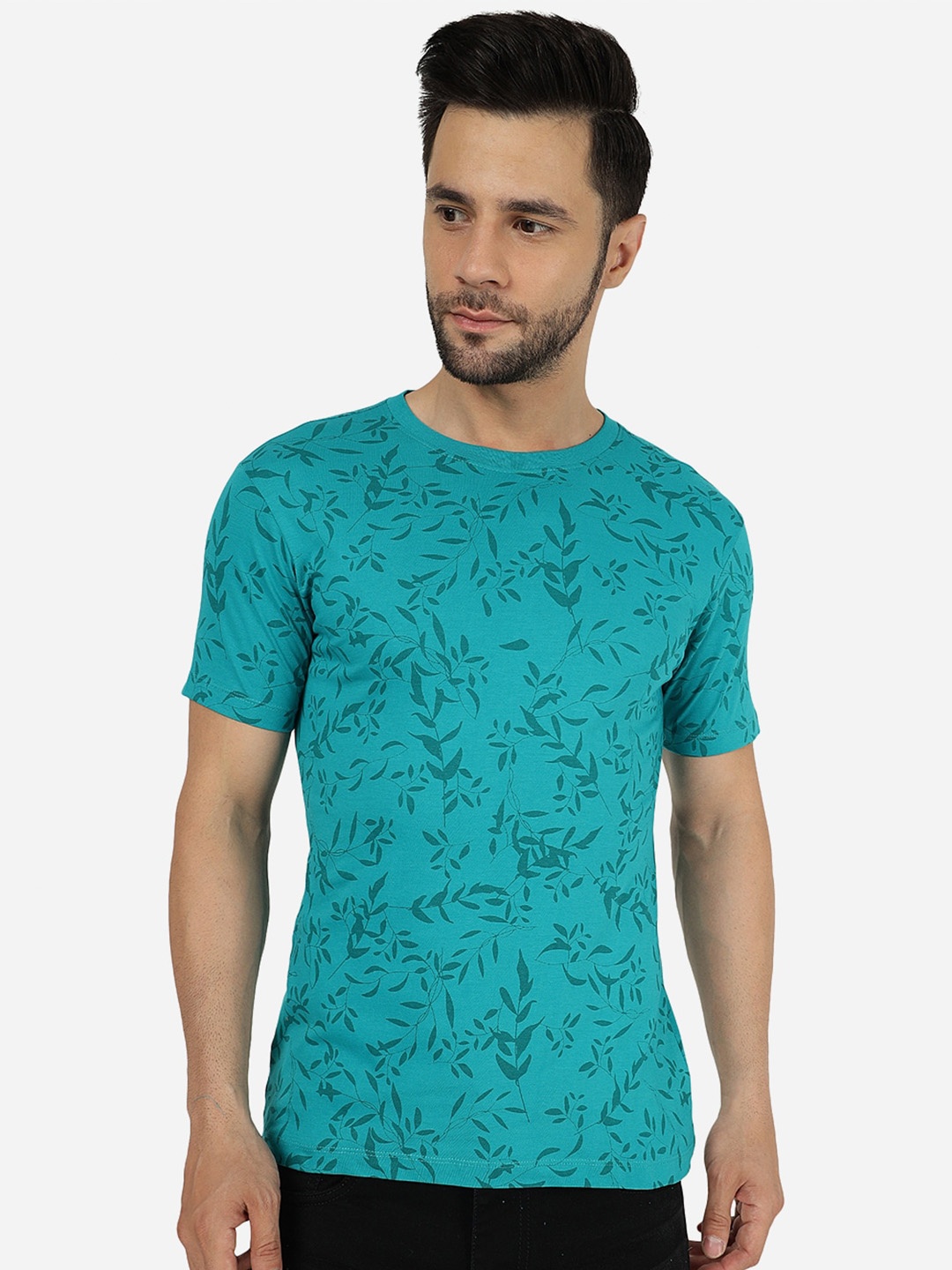 

Greenfibre Floral Printed Round Neck Slim Fit T-shirt, Turquoise blue
