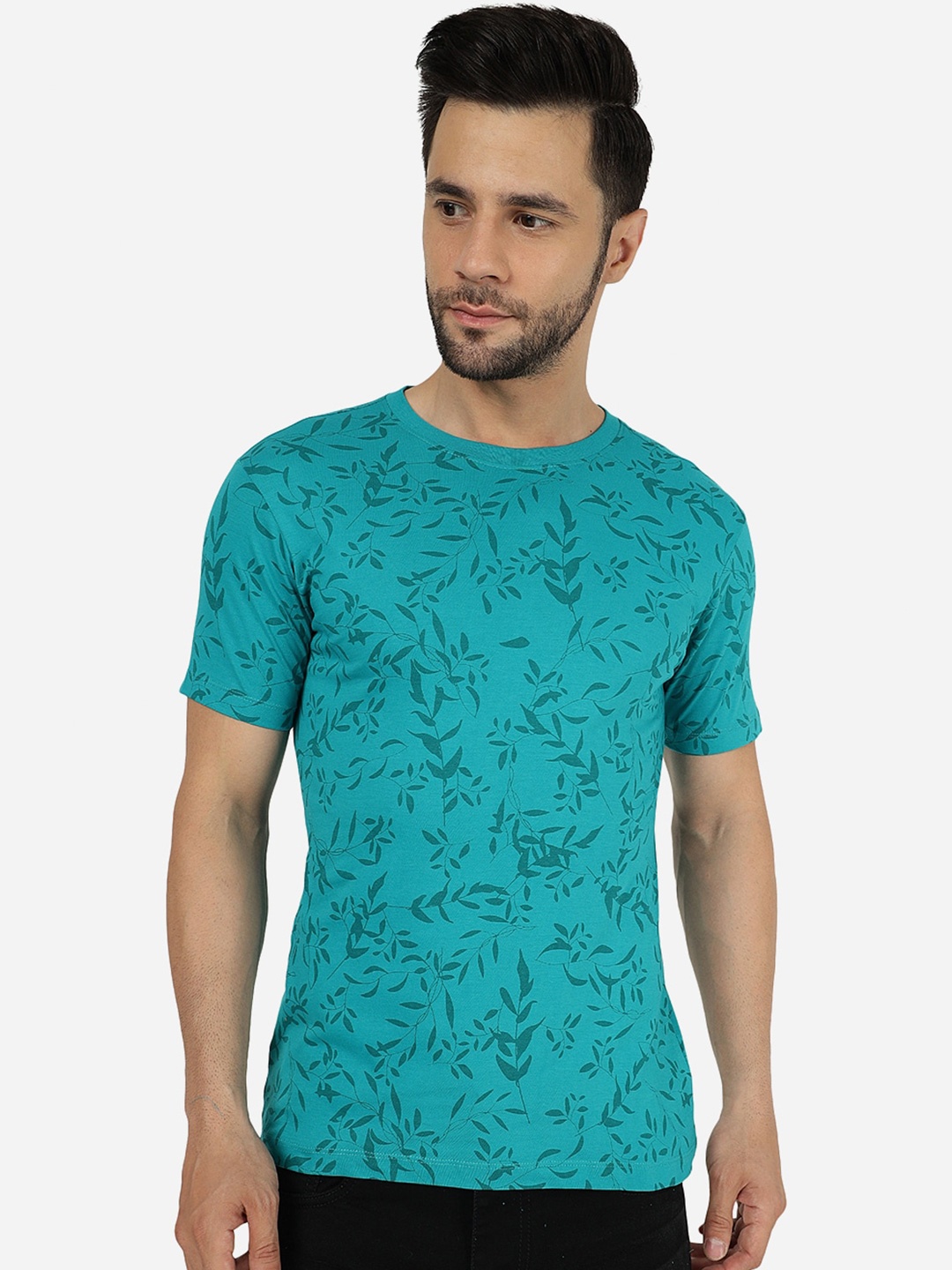 

Greenfibre Floral Printed Round Neck Slim Fit T-shirt, Turquoise blue