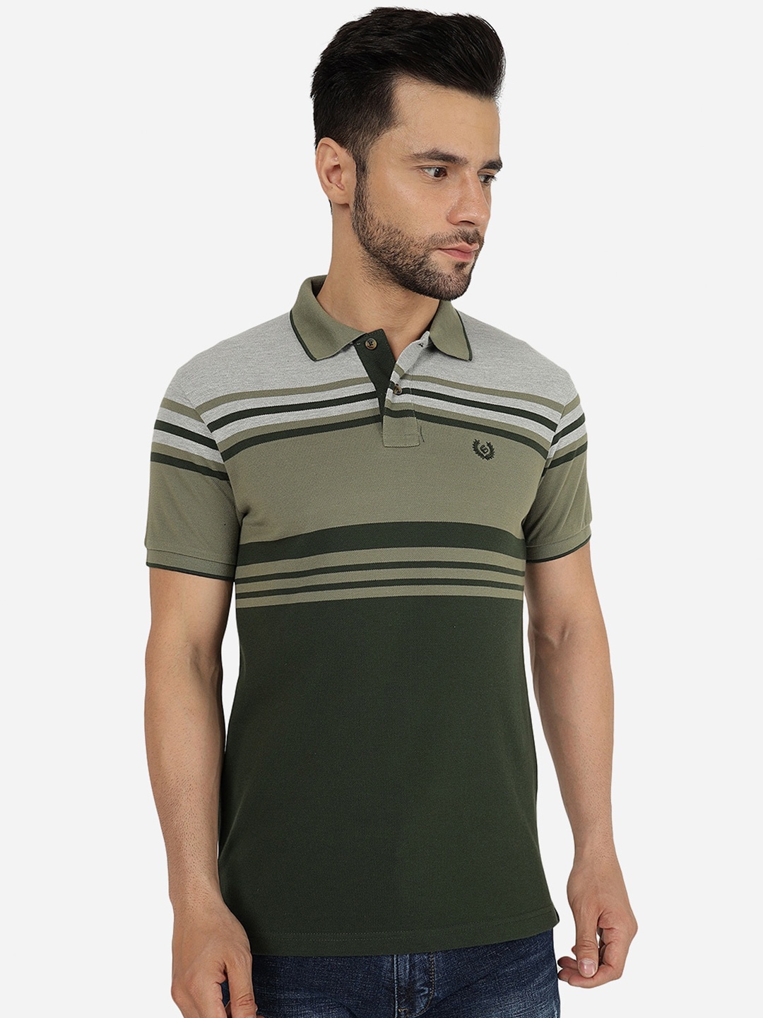 

Greenfibre Striped Polo Collar Slim Fit T-shirt, Olive