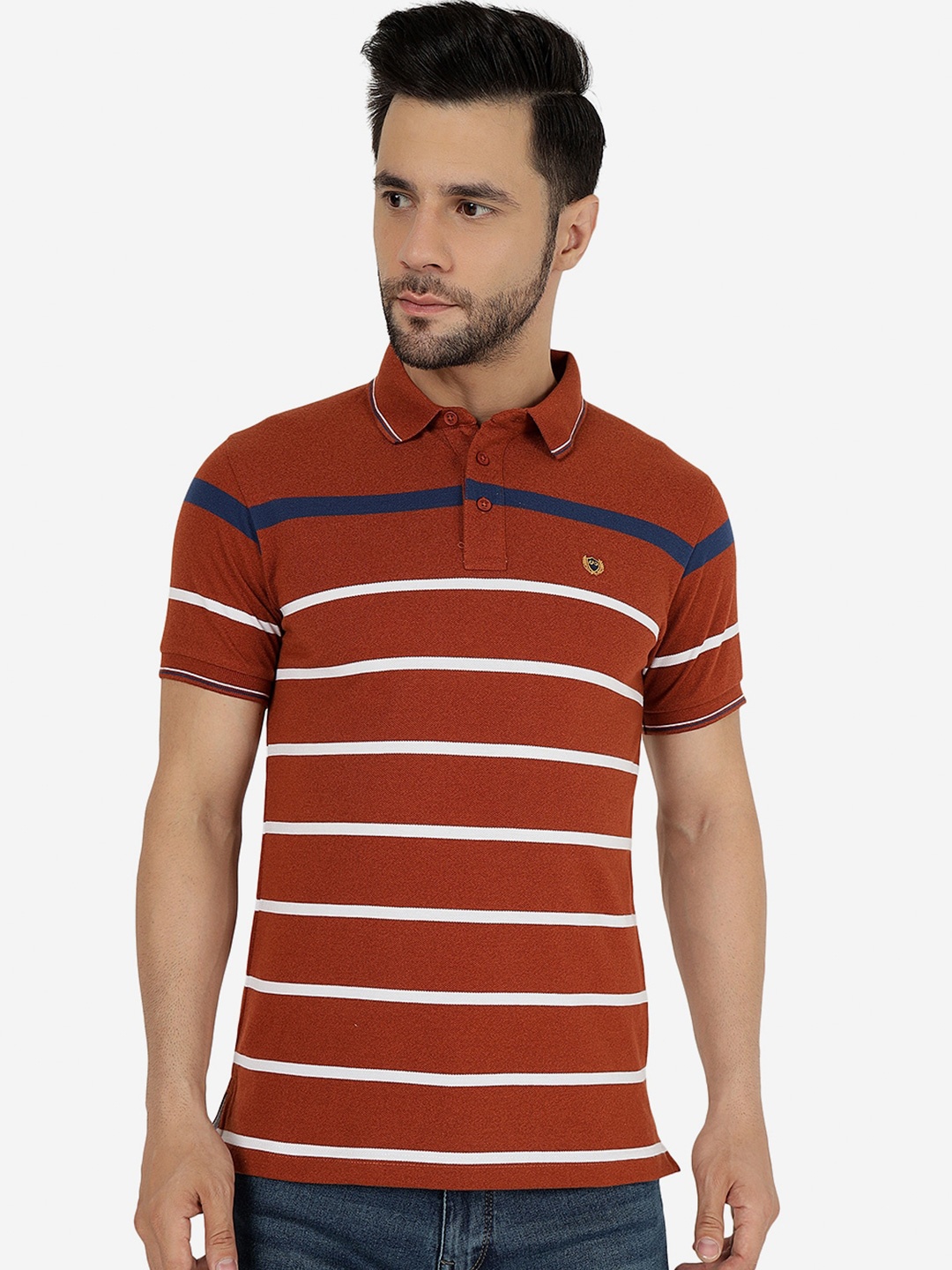 

JADE BLUE Striped Polo Collar Pure Cotton Slim Fit T-shirt, Rust