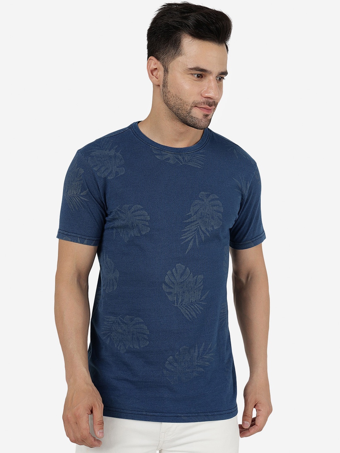 

JADE BLUE Tropical Printed Pure Cotton Slim Fit T-shirt, Navy blue