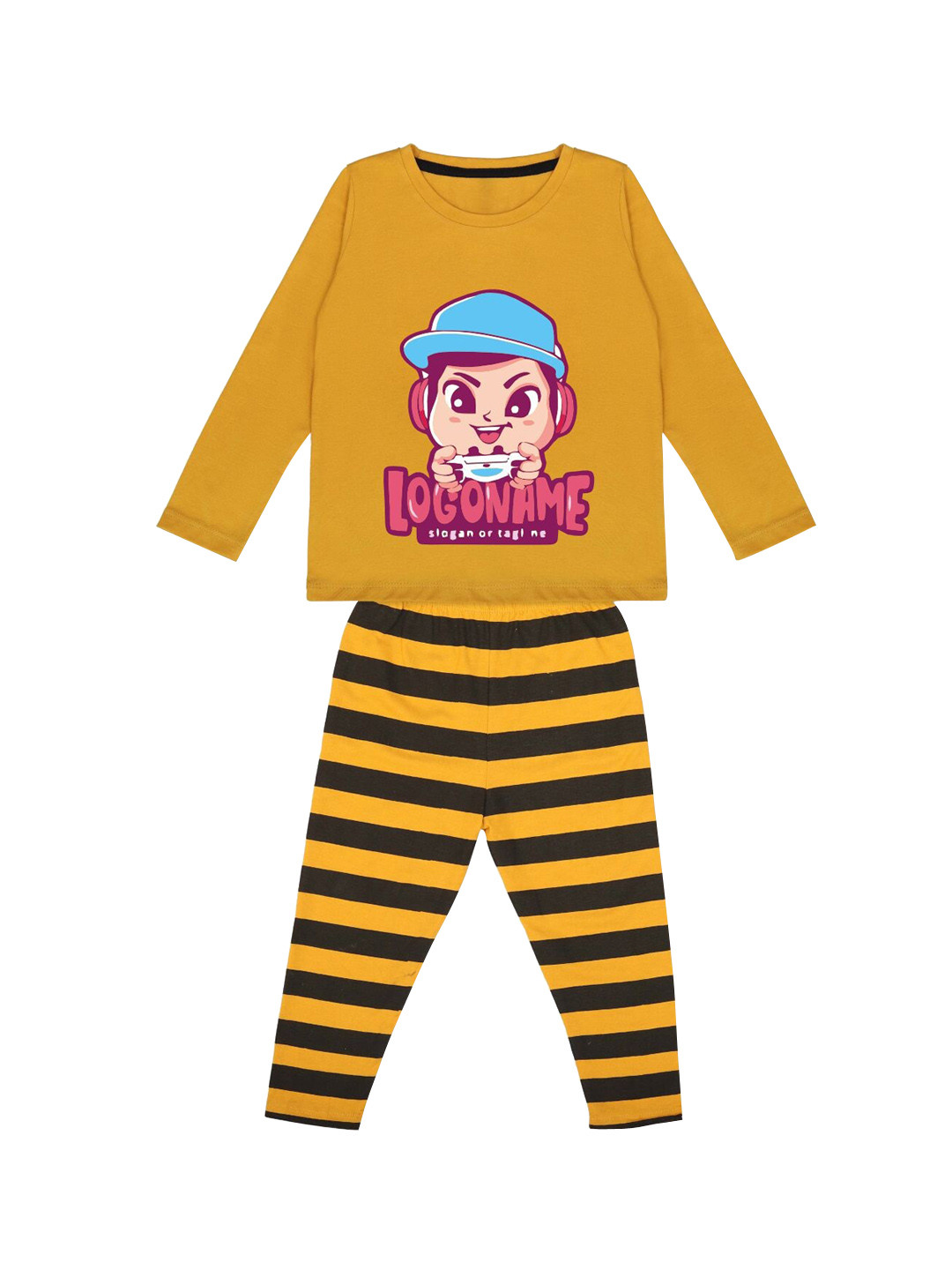 

YK Boys Grphic Printed Round Neck Long Sleeve Pure Cotton Cotton Night Suit, Mustard