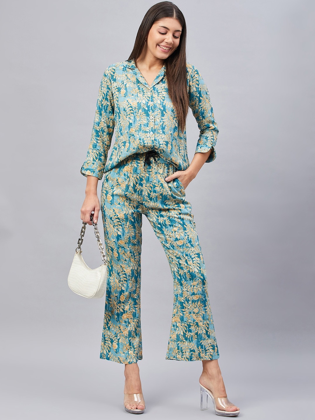 

CHROME & CORAL Printed Shirt With Trousers, Turquoise blue