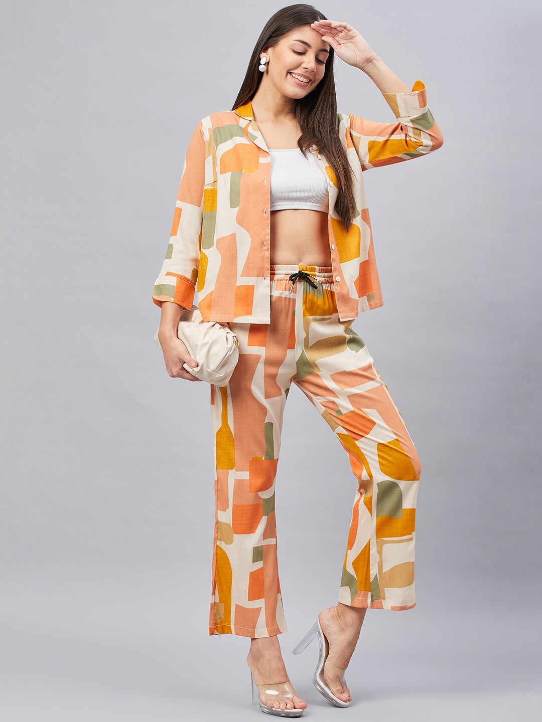 

CHROME & CORAL Printed Shirt with Trousers, Beige