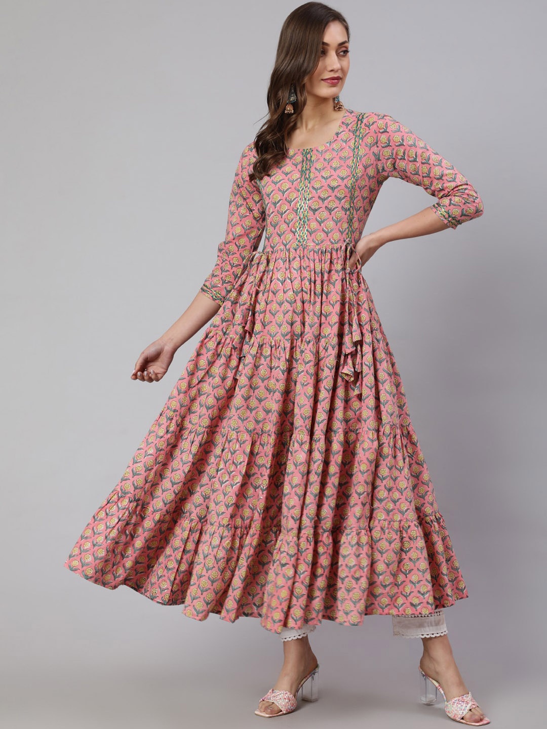 

GLAM ROOTS Ethnic Motifs Printed Thread Work Tiered Anarkali Kurta, Pink
