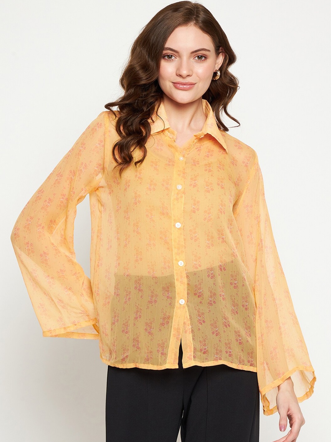 

Fashfun Standard Floral Printed Long Sleeves Semi Sheer Casual Shirt, Orange