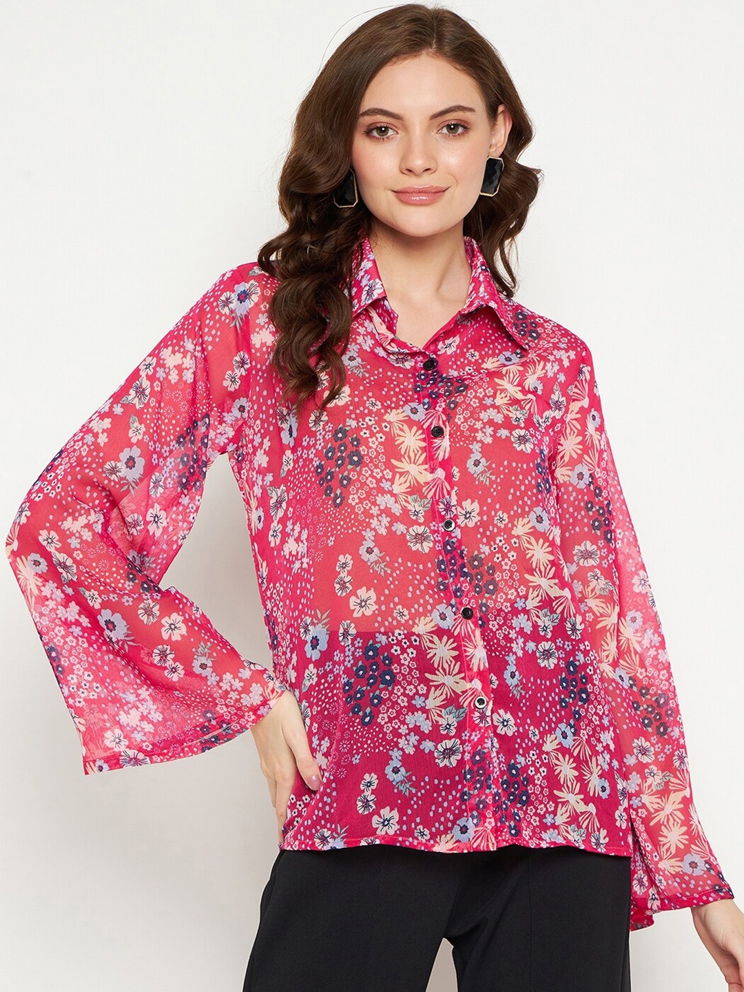 

Fashfun Standard Floral Printed Long Sleeves Semi Sheer Casual Shirt, Pink