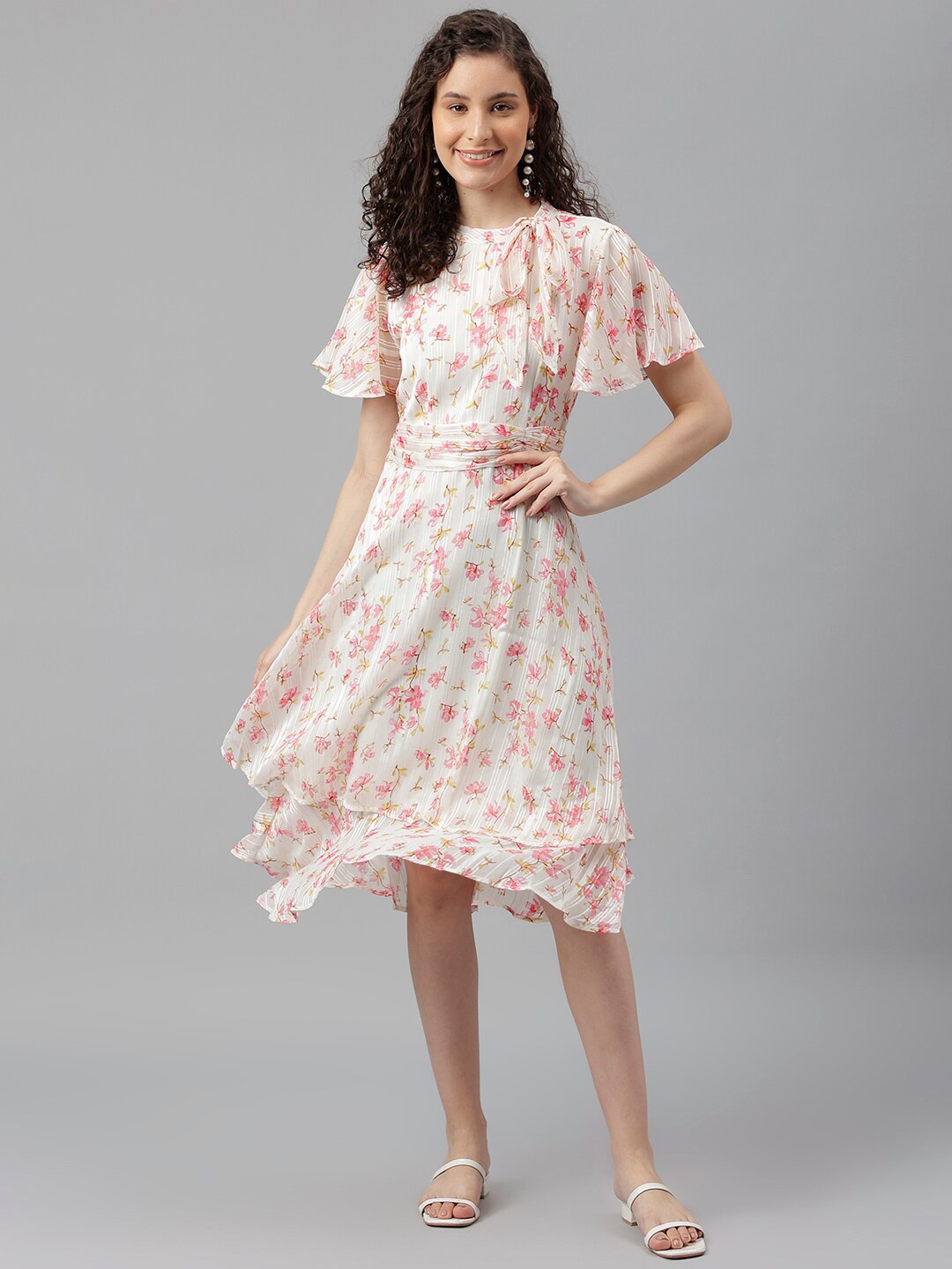 

Latin Quarters Floral Printed Flared Sleeves A-Line Dress, Cream