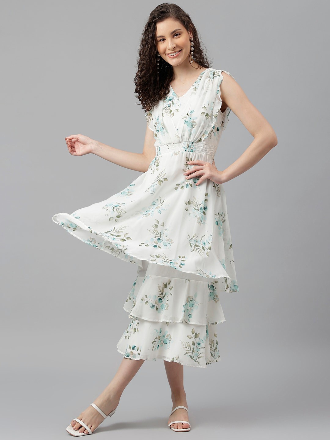 

Latin Quarters Floral Printed A-Line Midi Dress, Green