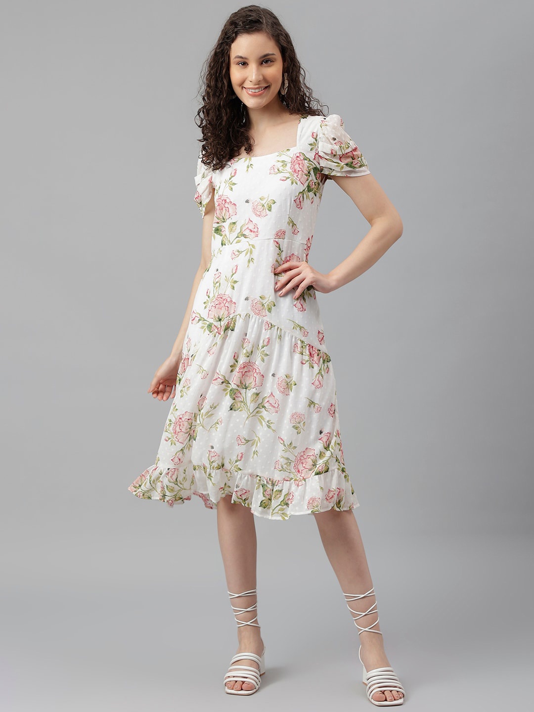 

Latin Quarters Floral Printed Puff Sleeves A-Line Midi Dress, Cream