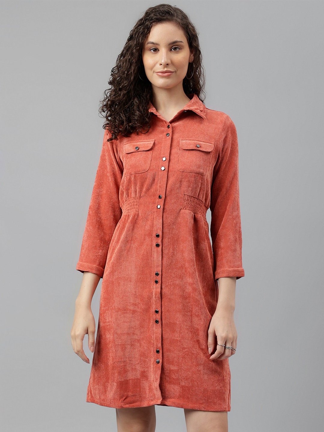 

Latin Quarters Self Design Mandarin Collar Shirt Dress, Orange