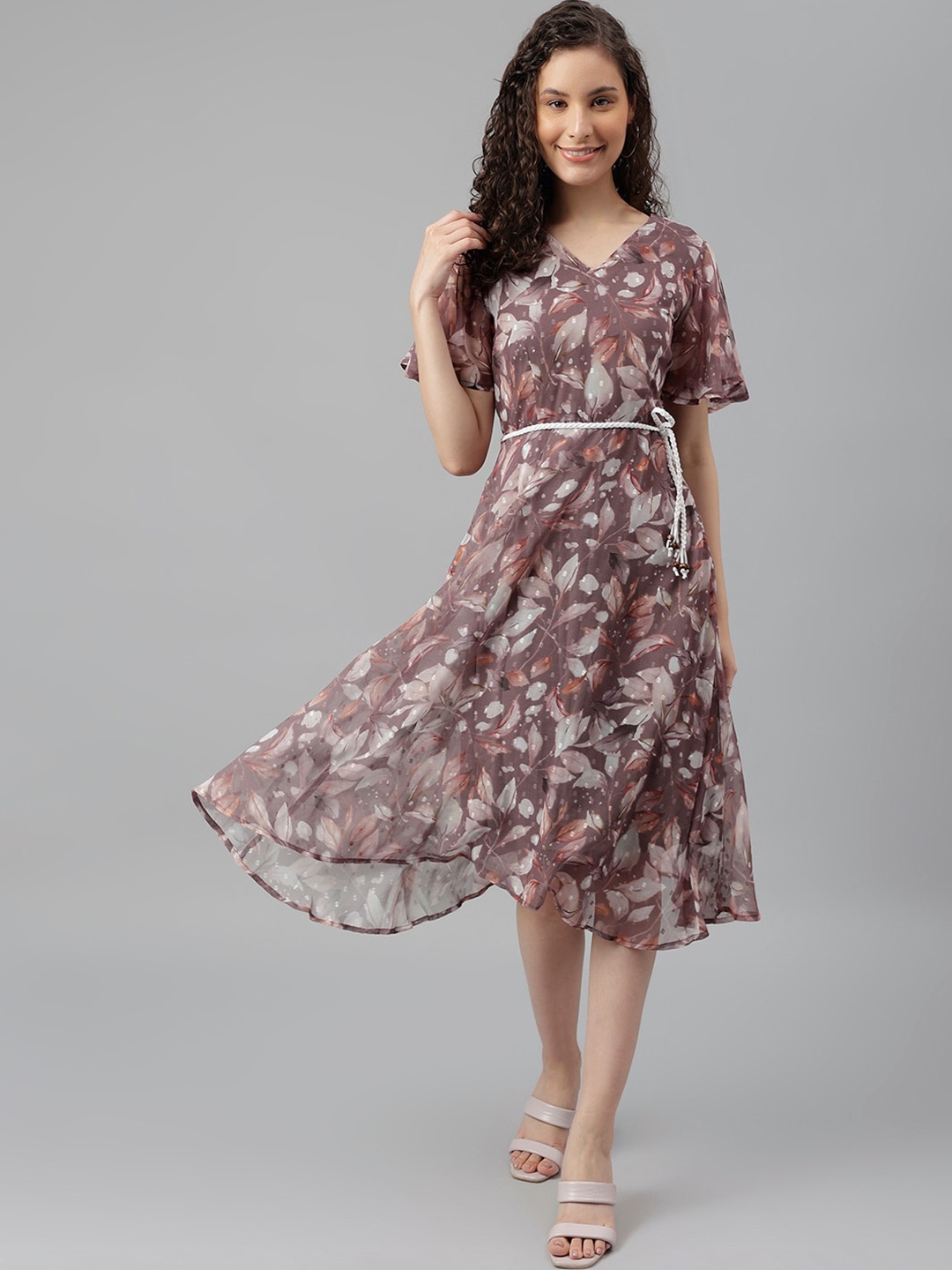 

Latin Quarters Floral Printed Flared Sleeves A-Line Midi Dress, Brown