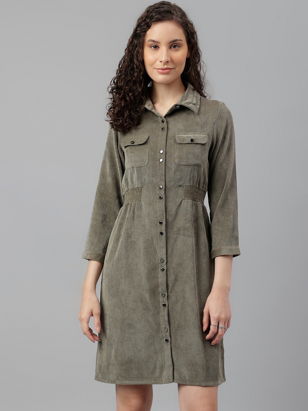 

Latin Quarters Smocked Shirt Style Dress, Green