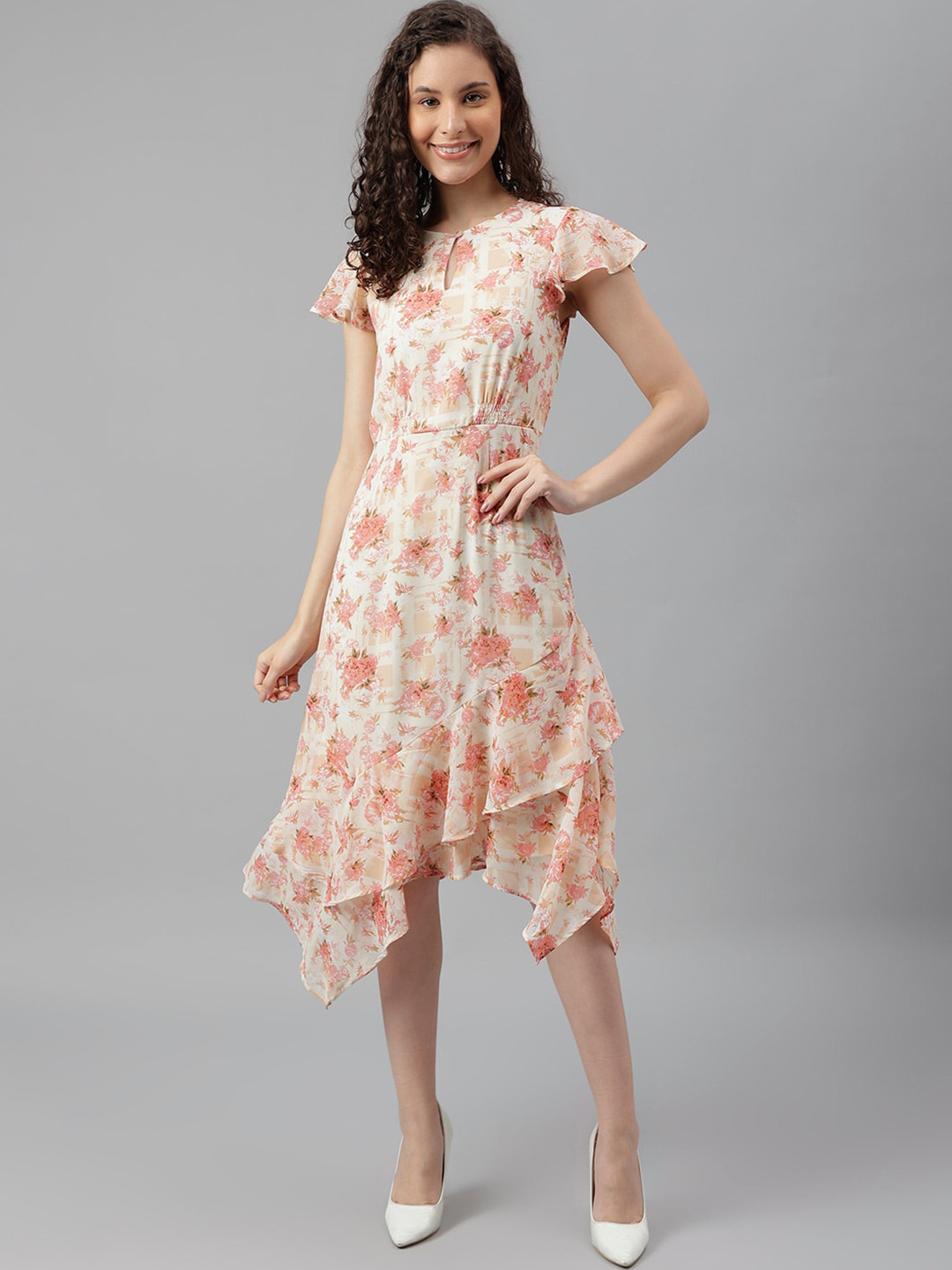 

Latin Quarters Floral Printed Cap Sleeves A-line Midi Dress, Peach