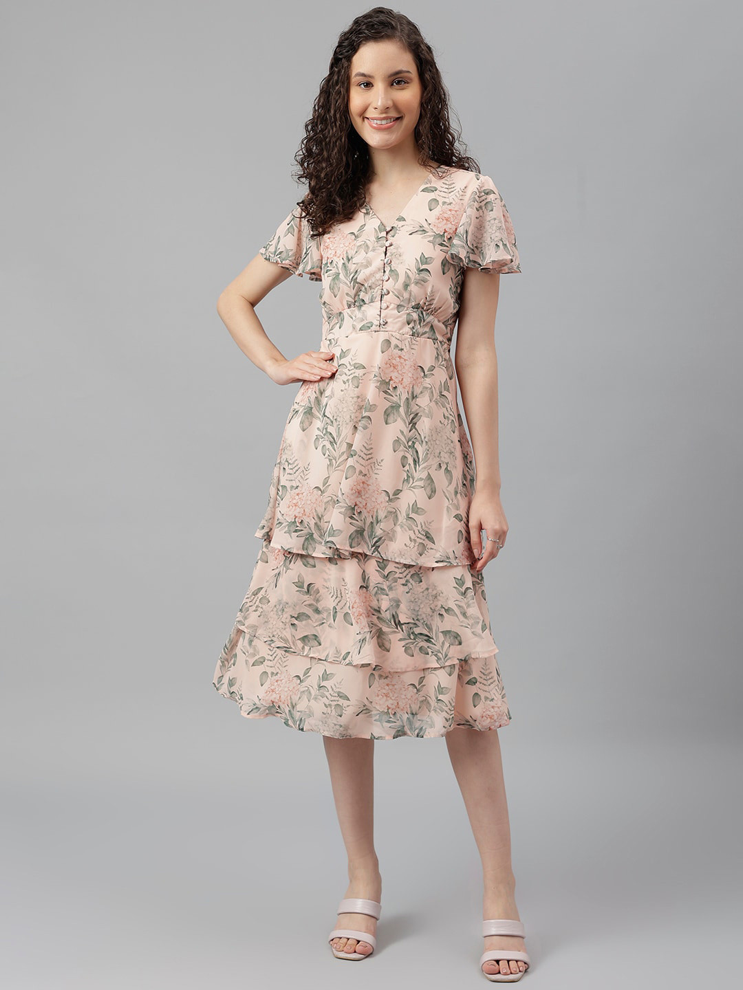 

Latin Quarters Floral Printed Flared Sleeves A-Line Midi Dress, Beige