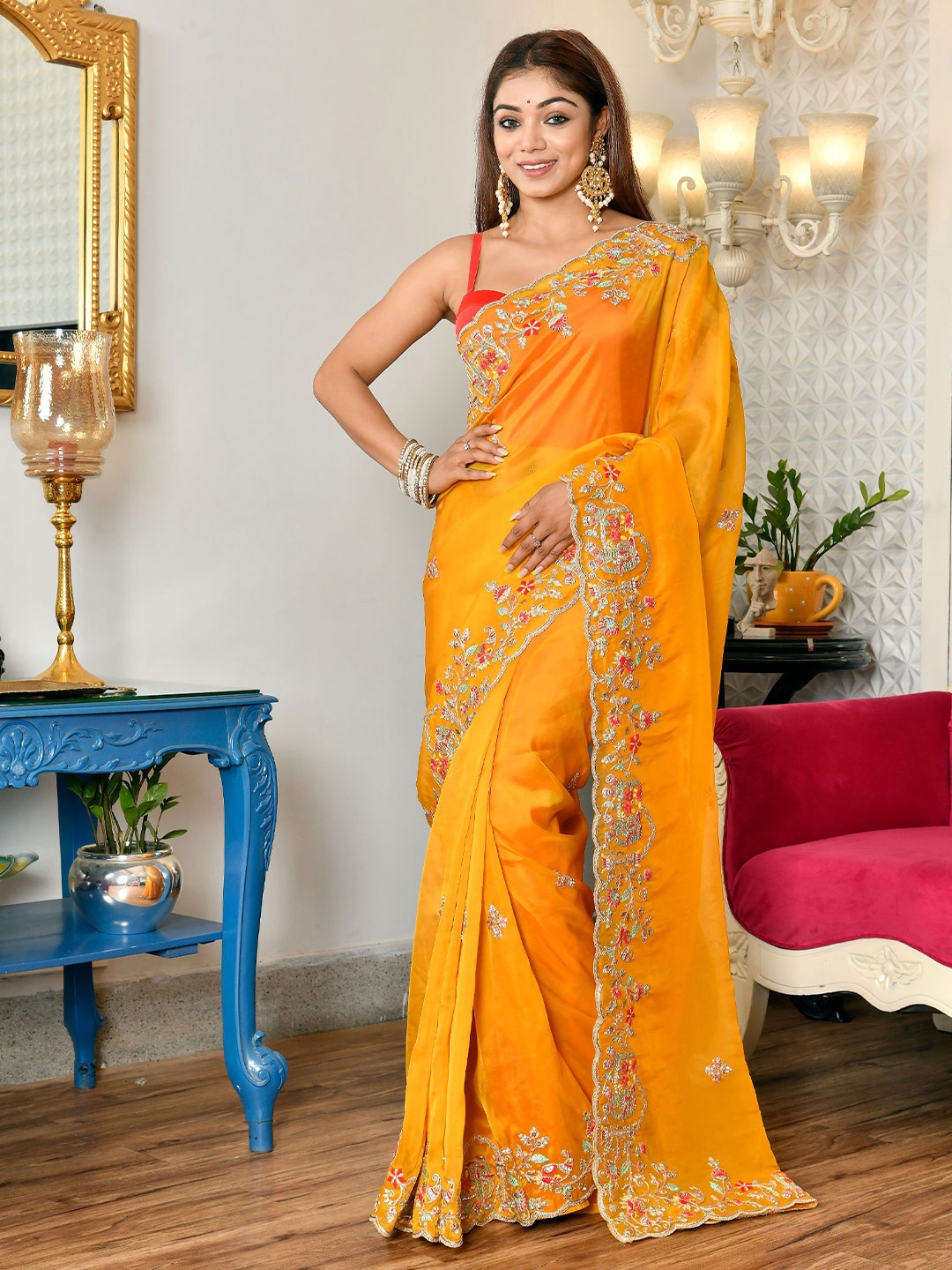 

Disli Floral Embroidered Organza Saree, Mustard