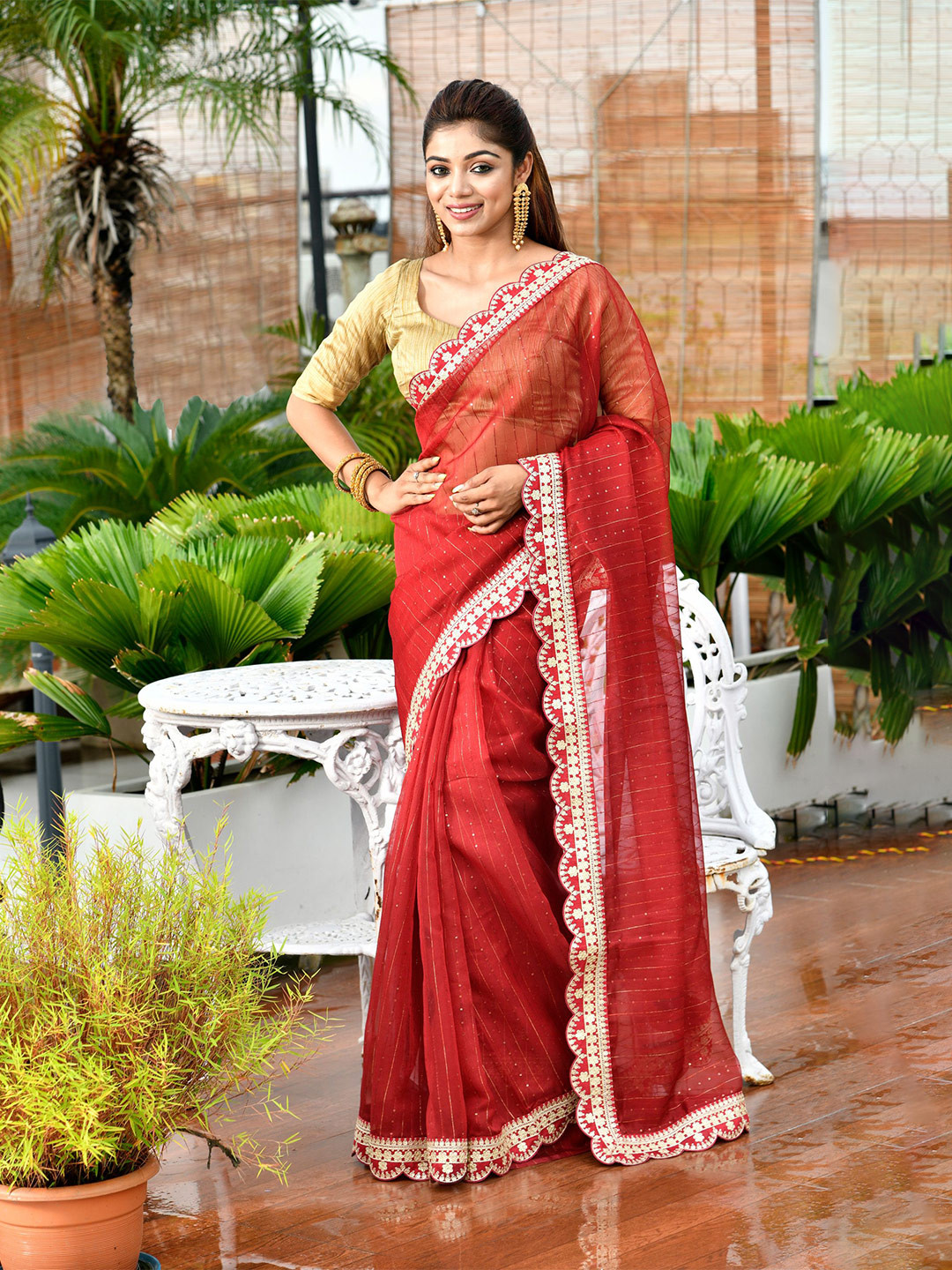 

Disli Striped Embroidered Net Saree, Maroon