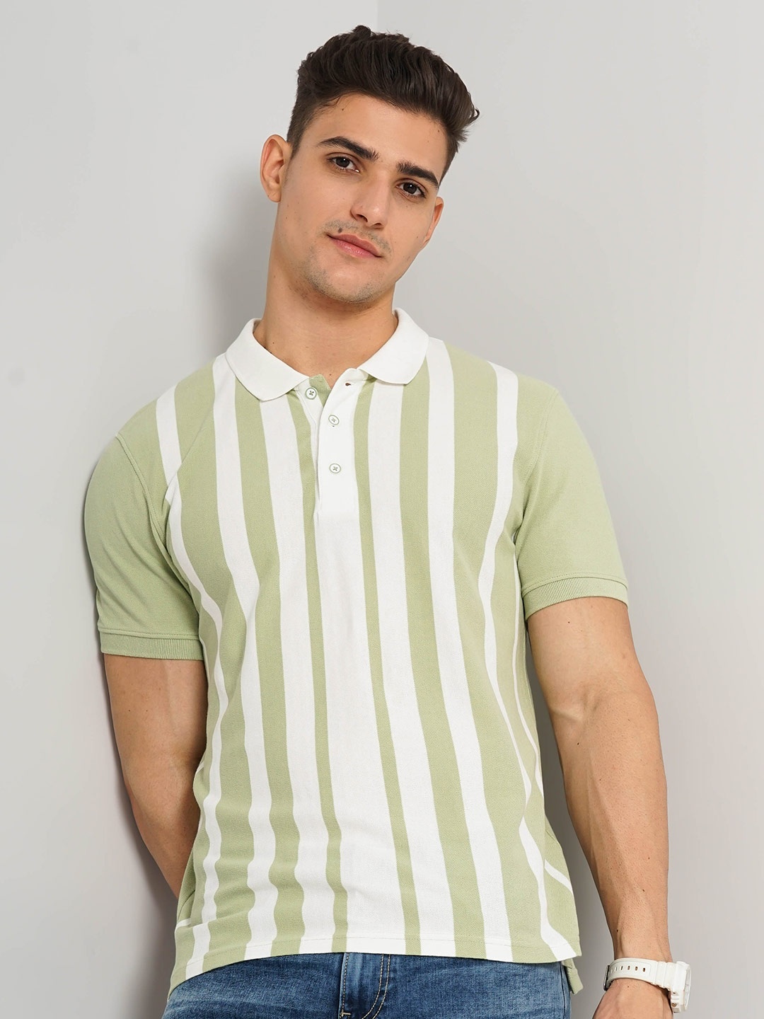 

Celio Striped Polo Collar Cotton T-shirt, Green