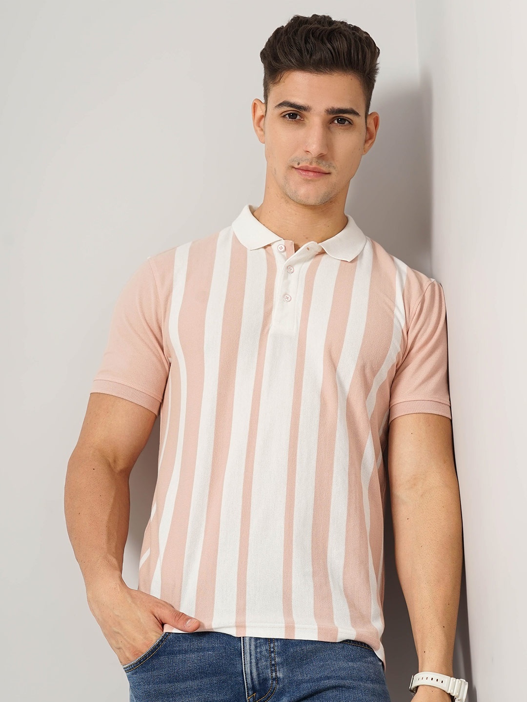 

Celio Striped Polo Collar Cotton T-shirt, Pink