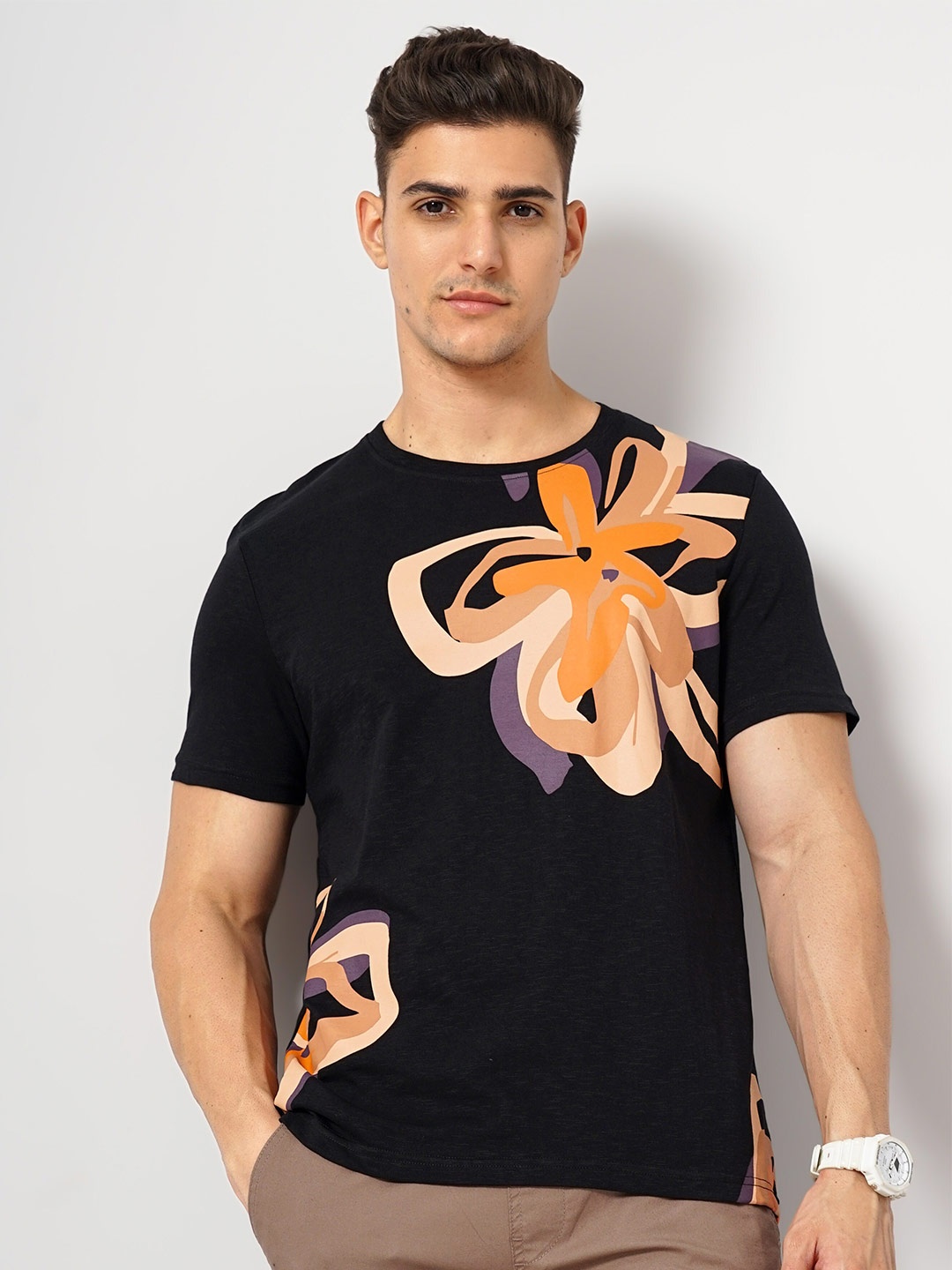 

Celio Floral Printed Cotton T-shirt, Black