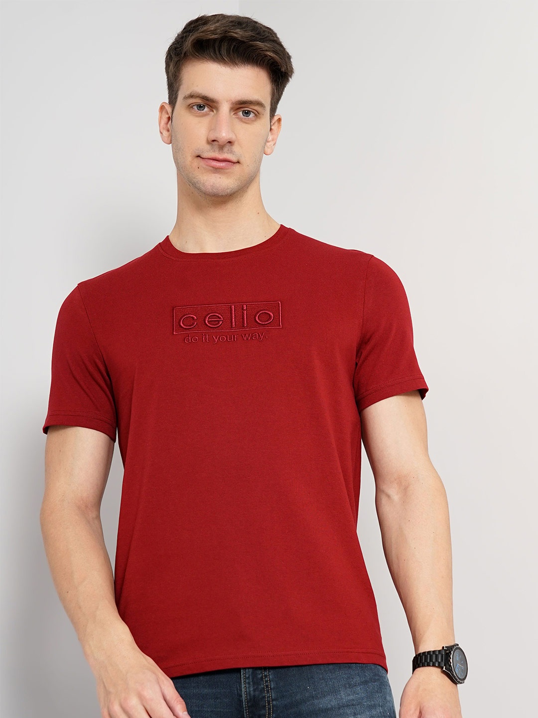 

Celio Typography Embroidered Cotton T-shirt, Red